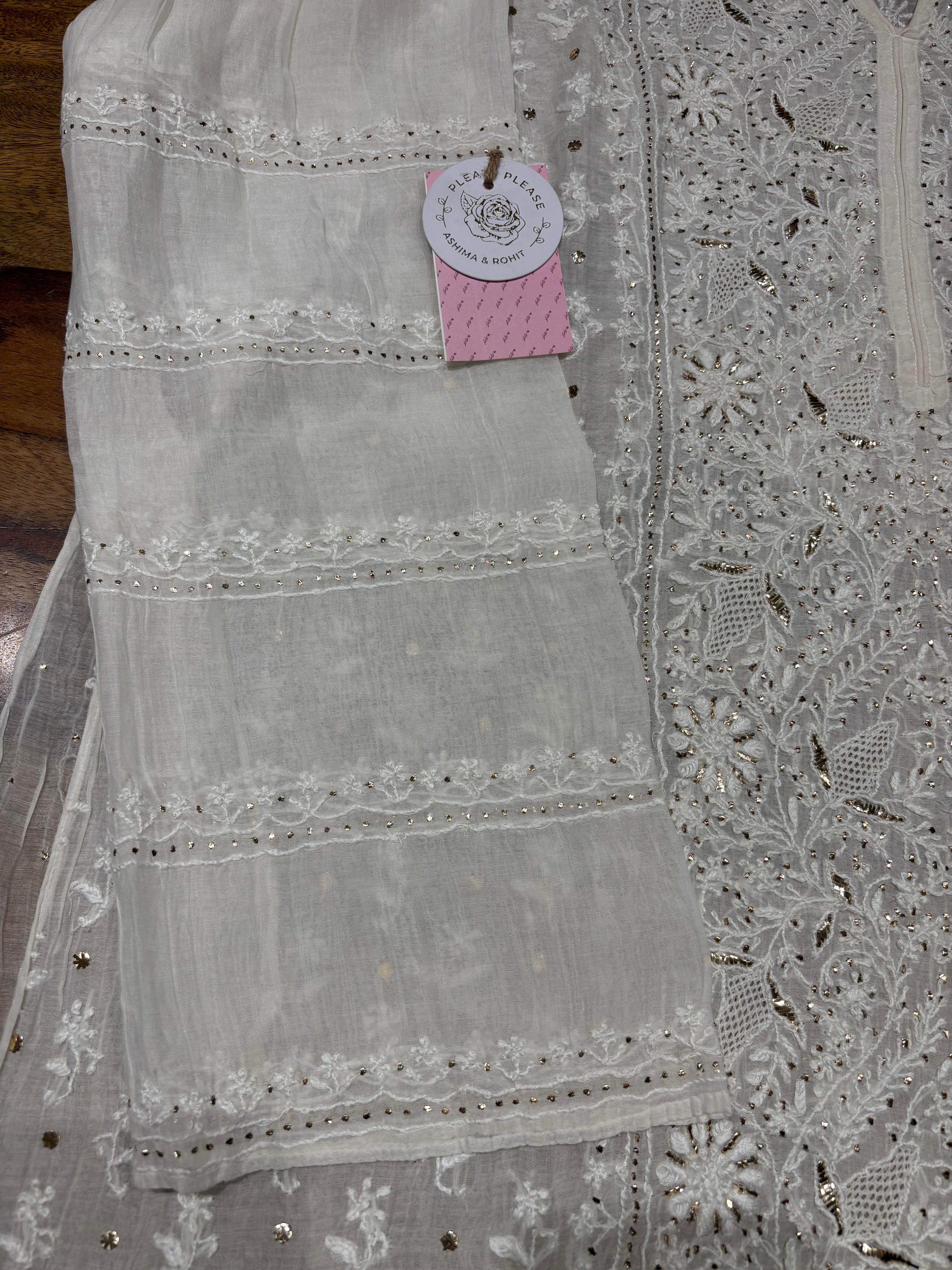 Dyeable Chanderi Mul Chikankari & Mukaish Kurta & Dupatta Set