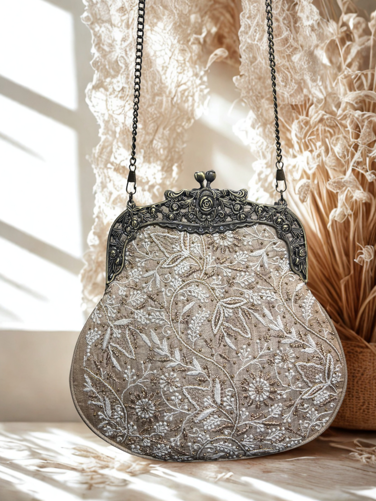 Beige Chikankari Clutch