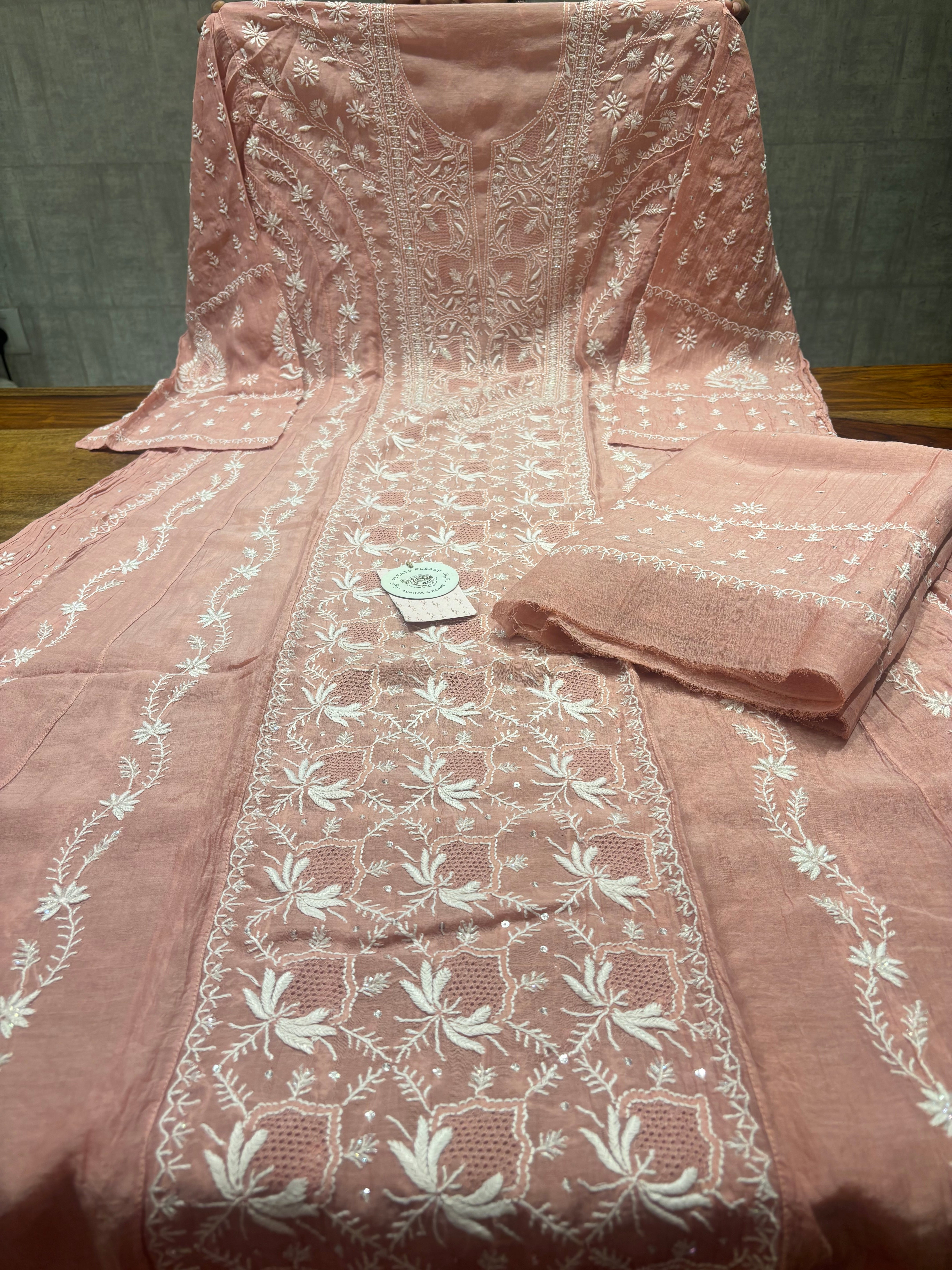 Rosegold Chanderi Mul Chikankari Anarkali & Dupatta Set