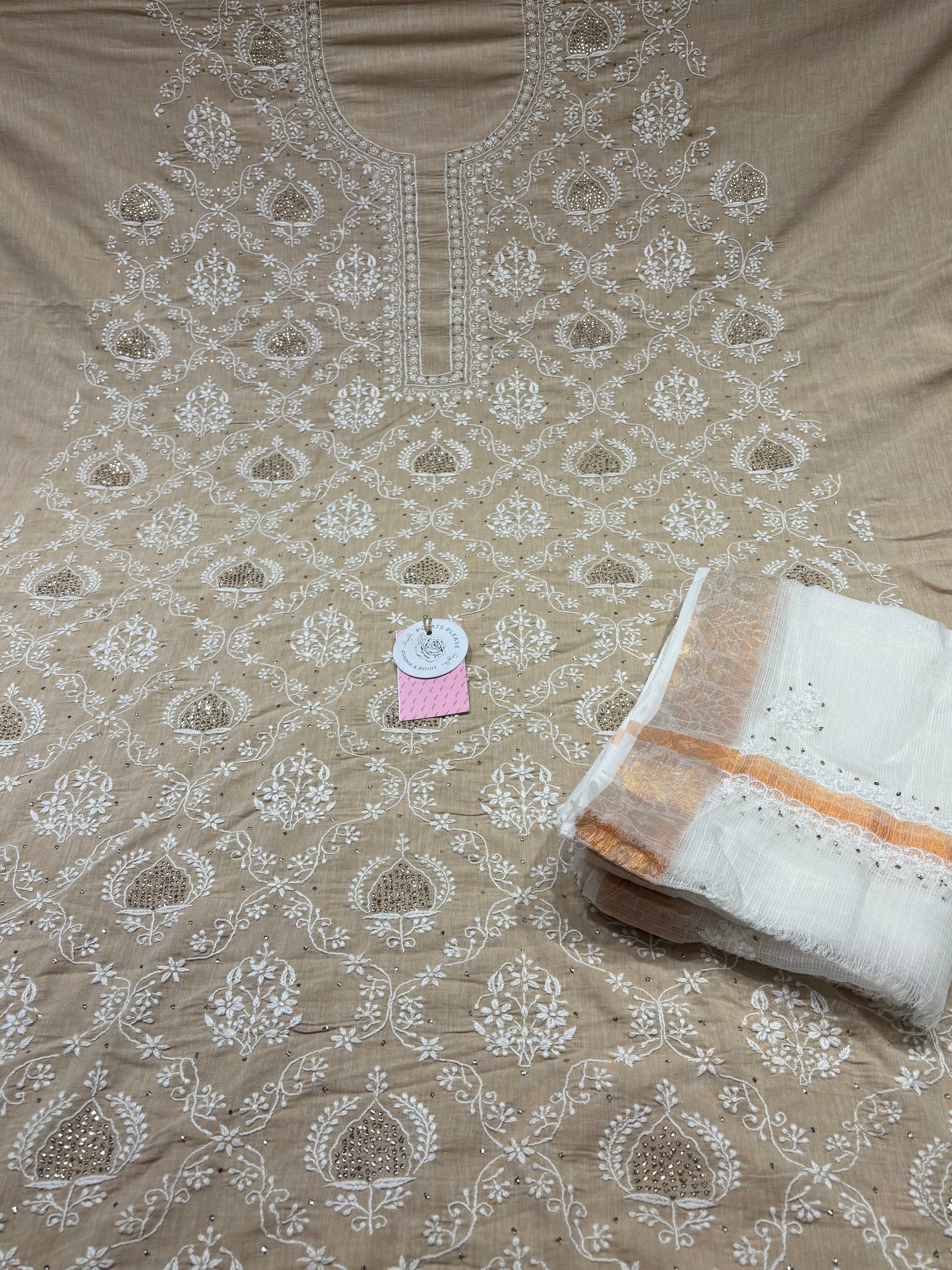 Natural Linen Chikankari & Mukaish Kurta & Dupatta Set