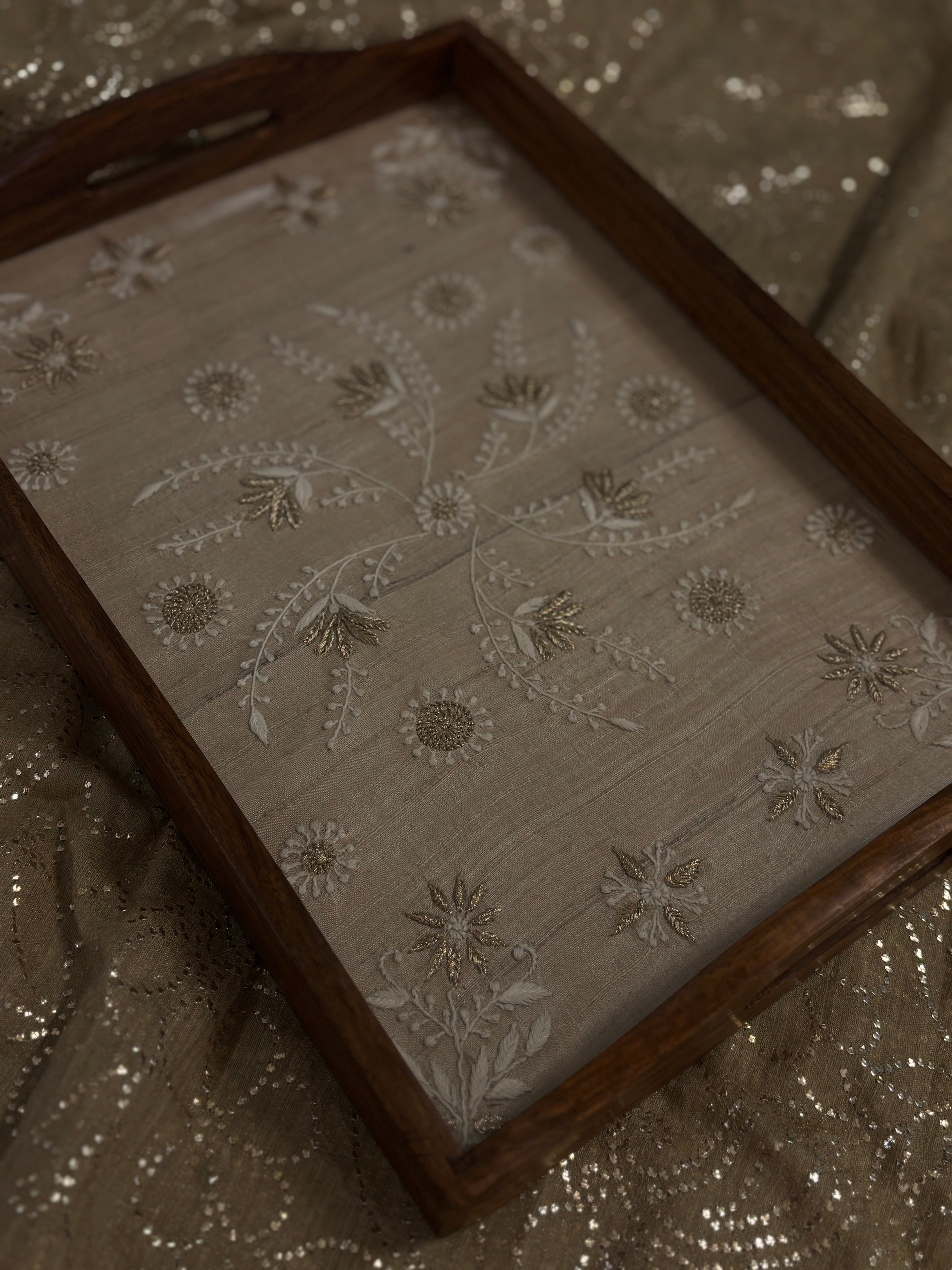 Fawn Silk rectangular Chikankari Tray