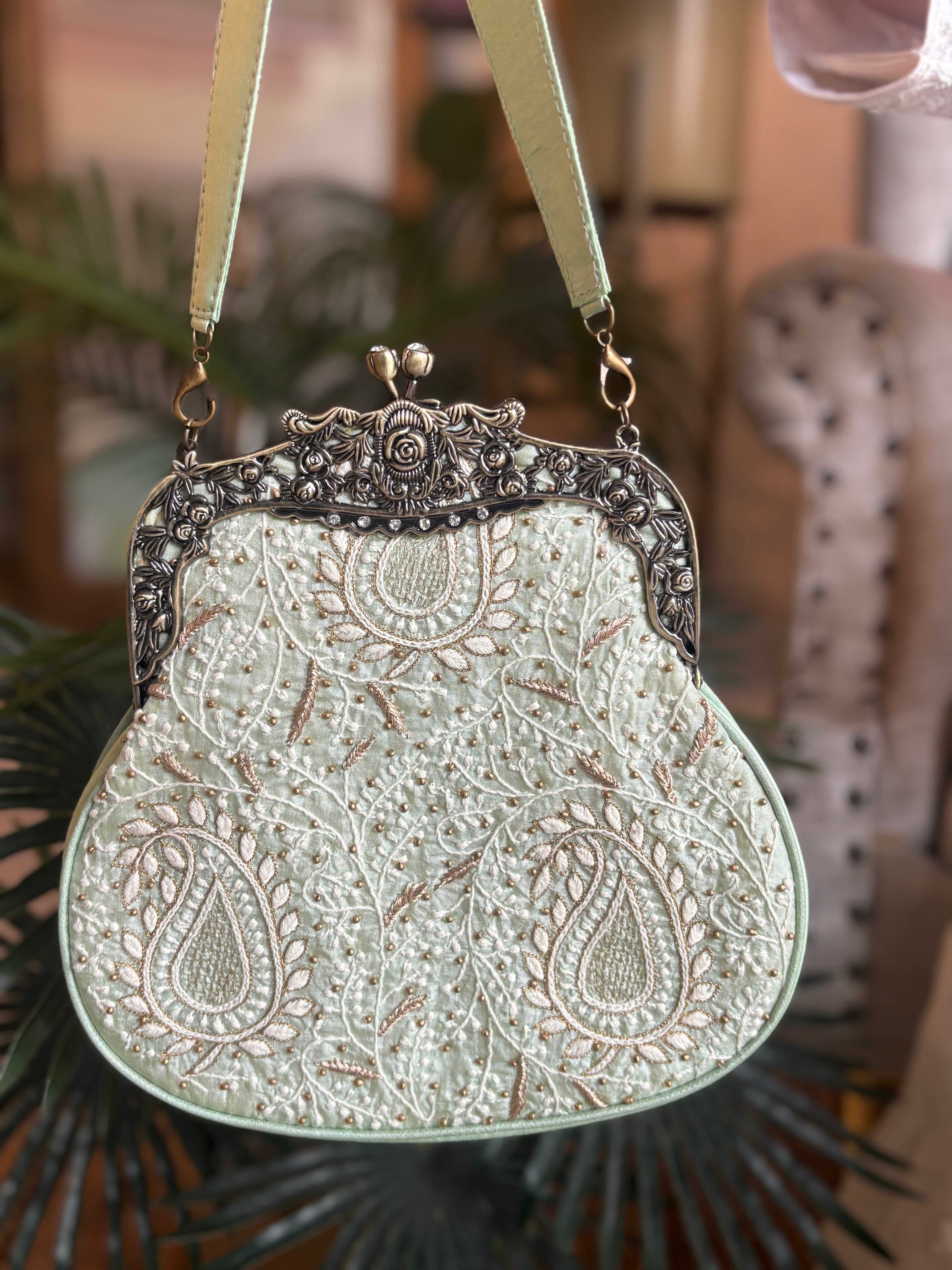 Mint Green Silk Chikankari Clutch
