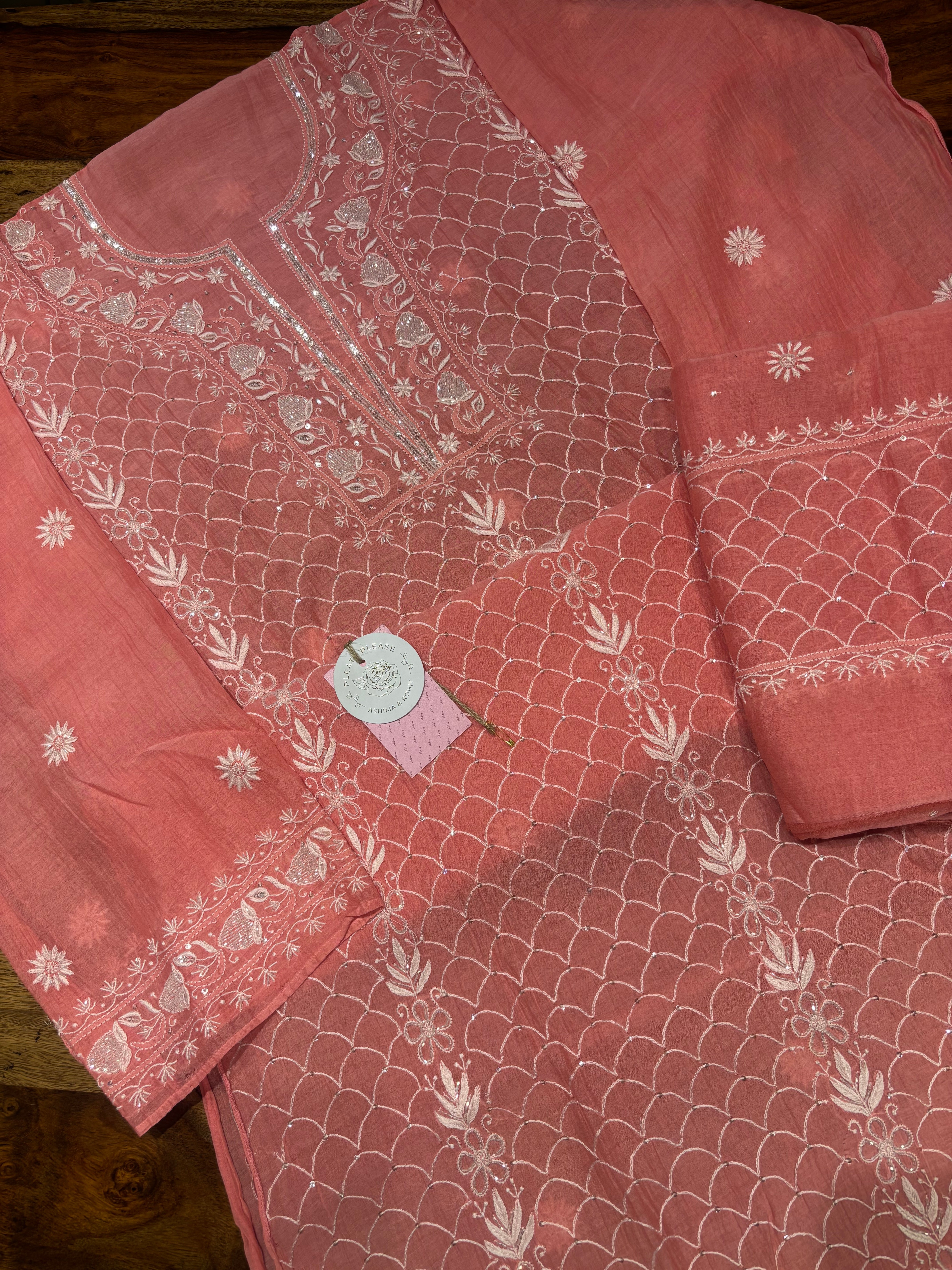 Coral Pink Chanderi Mul Chikankari Kurta & Dupatta Set
