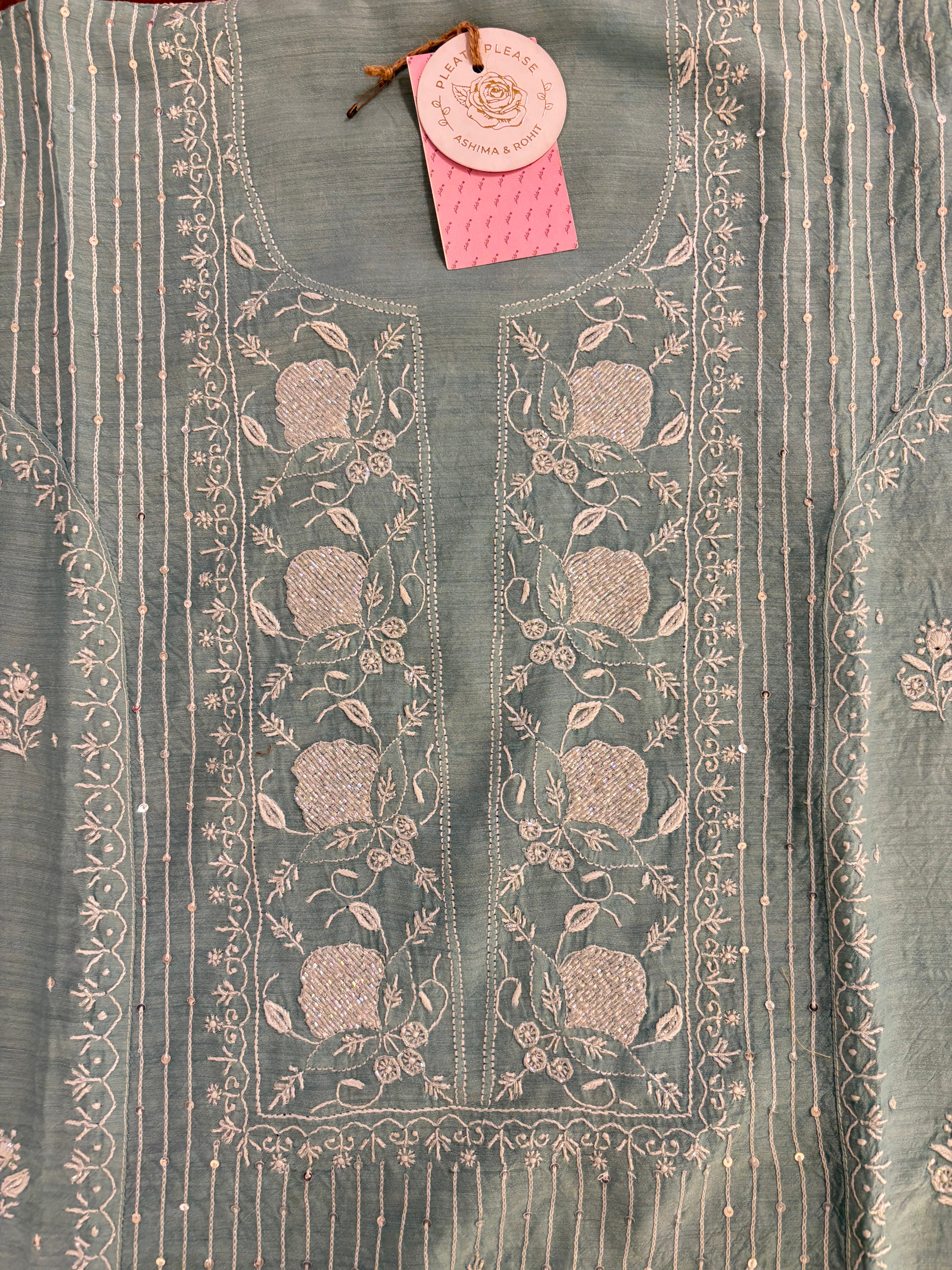 Pastel Mint Green Monga Silk Chikankari Kurta & Dupatta