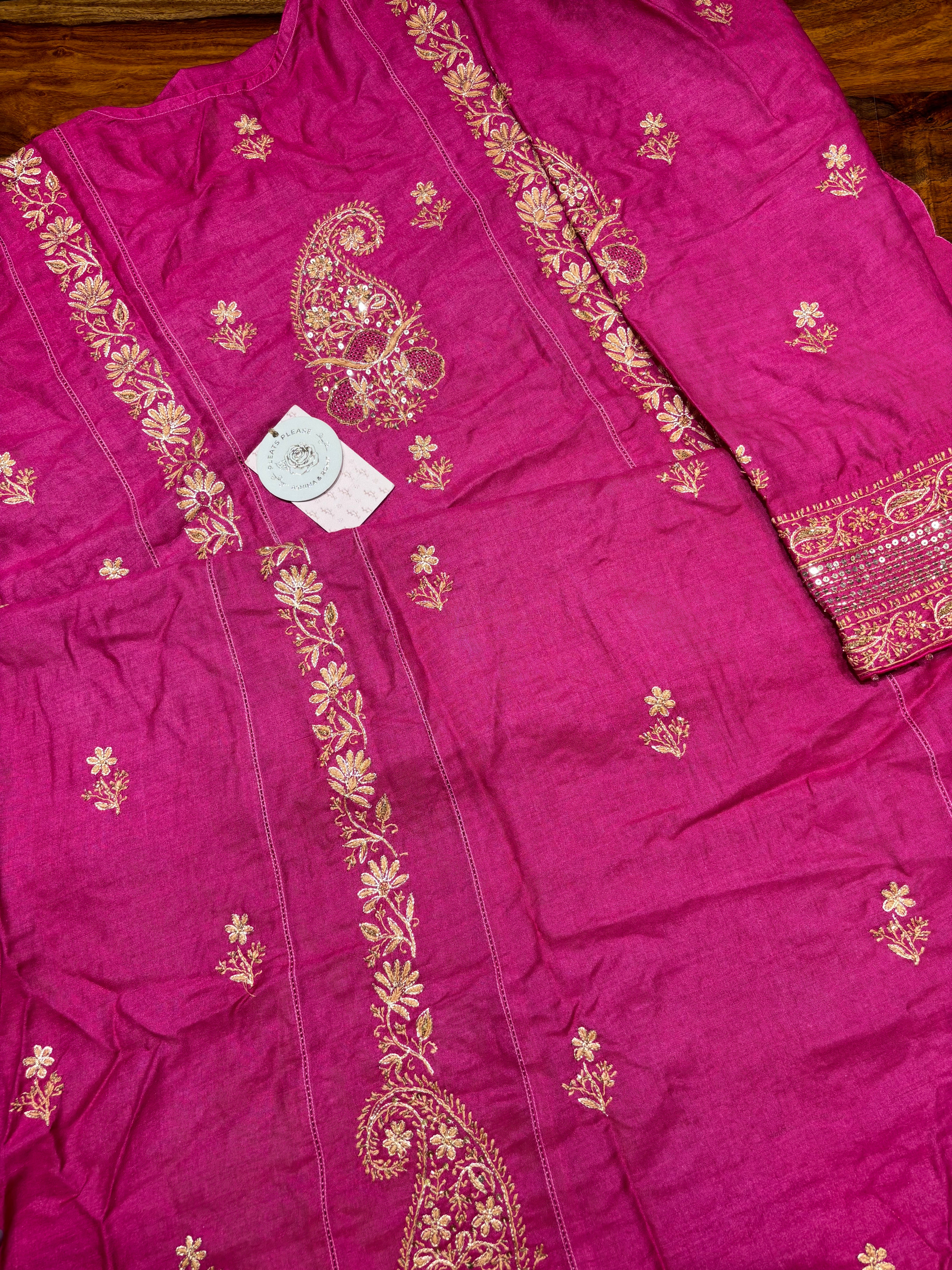 Fuschia Pink Monga Silk Chikankari A-Line Anarkali & Dupatta Set