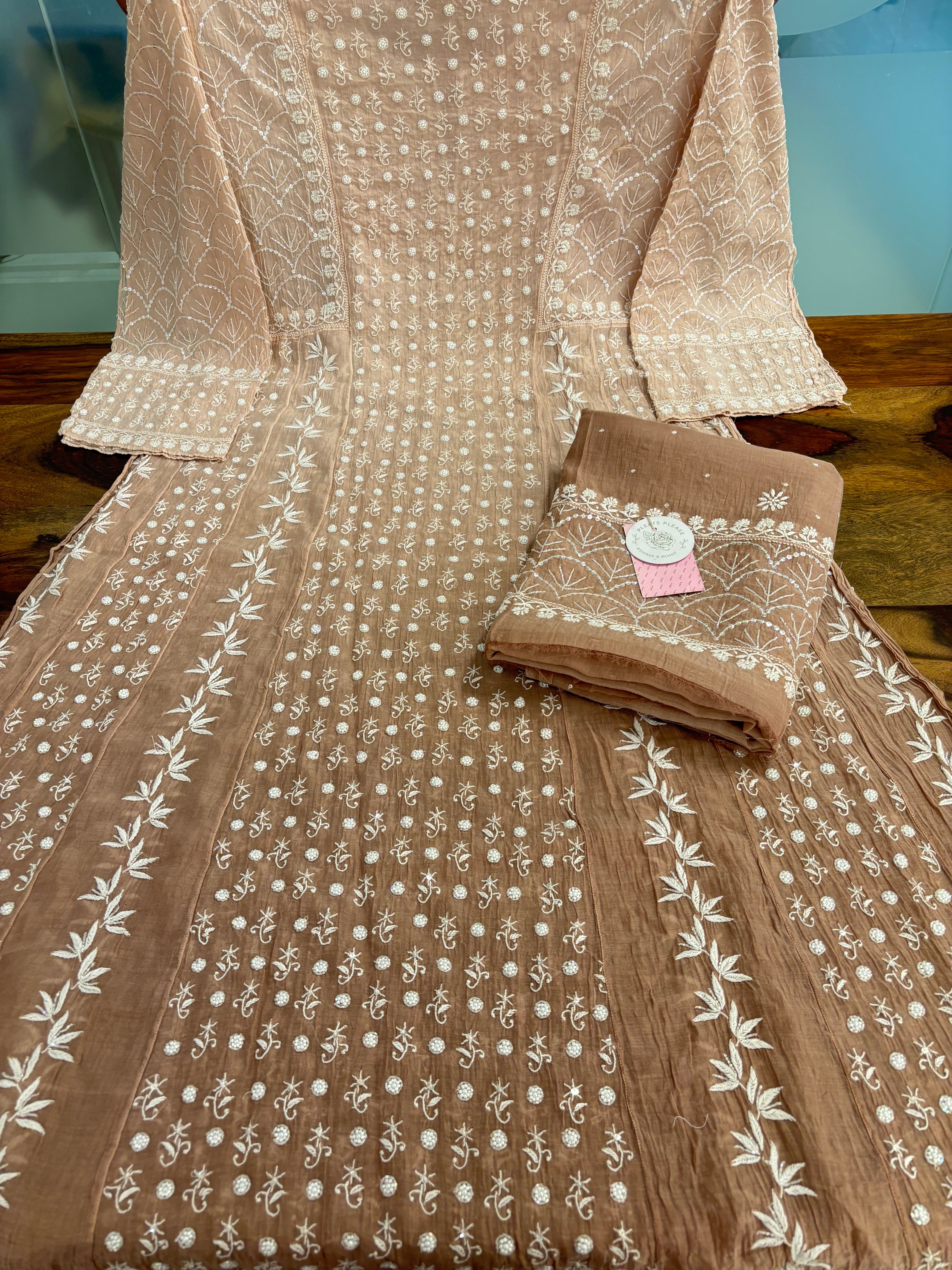 Rosewood Taupe Ombré Chanderi Mul Chikankari Anarkali & Dupatta Set