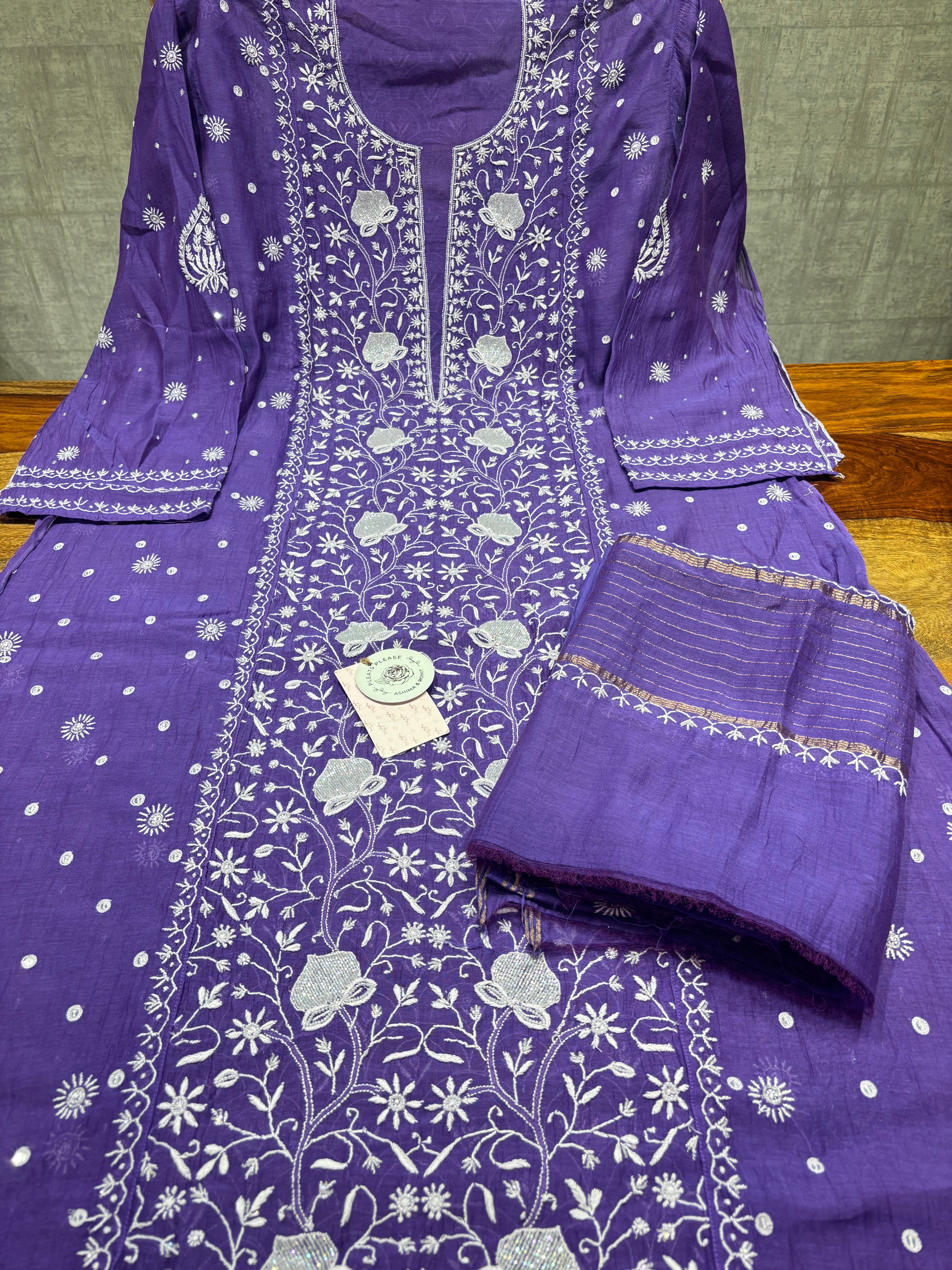 Purple Chanderi Mul Chikankari Kurta & Dupatta Set