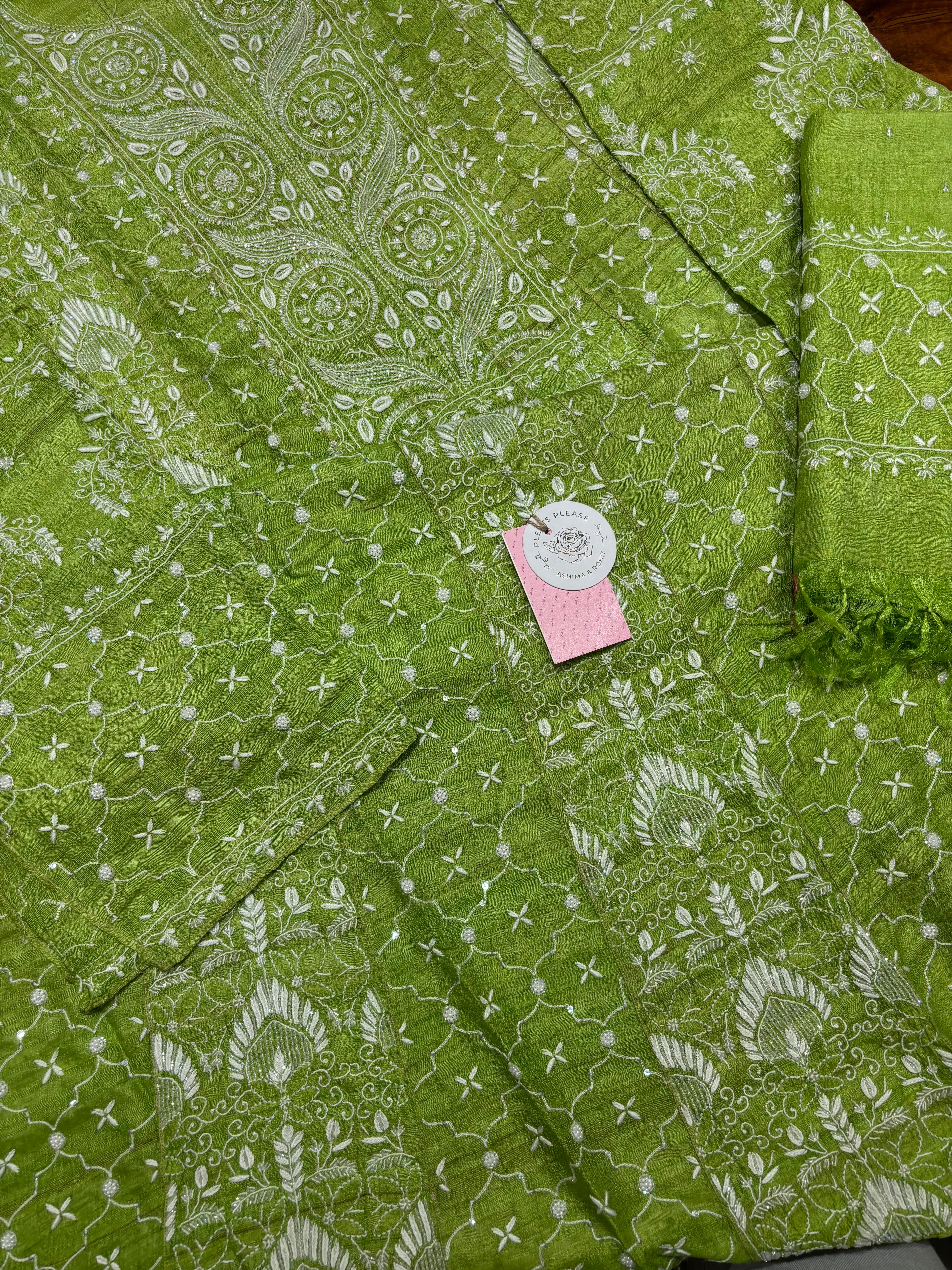 Green Tussar Silk Chikankari Anarkali and Dupatta Set