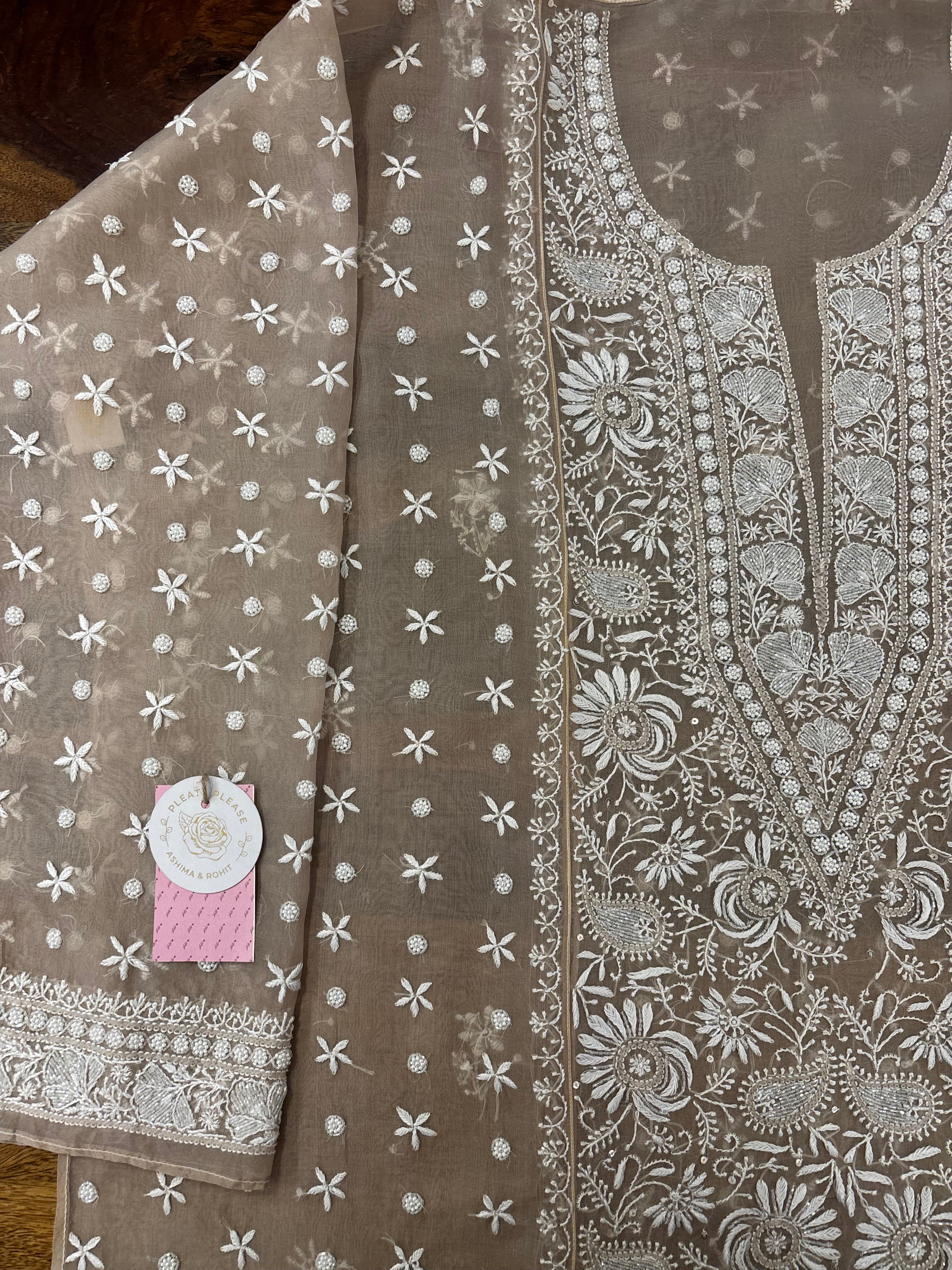 Mocha Brown Pure Organza Chikankari Kurta & Dupatta - Pleats PleaseChikankari