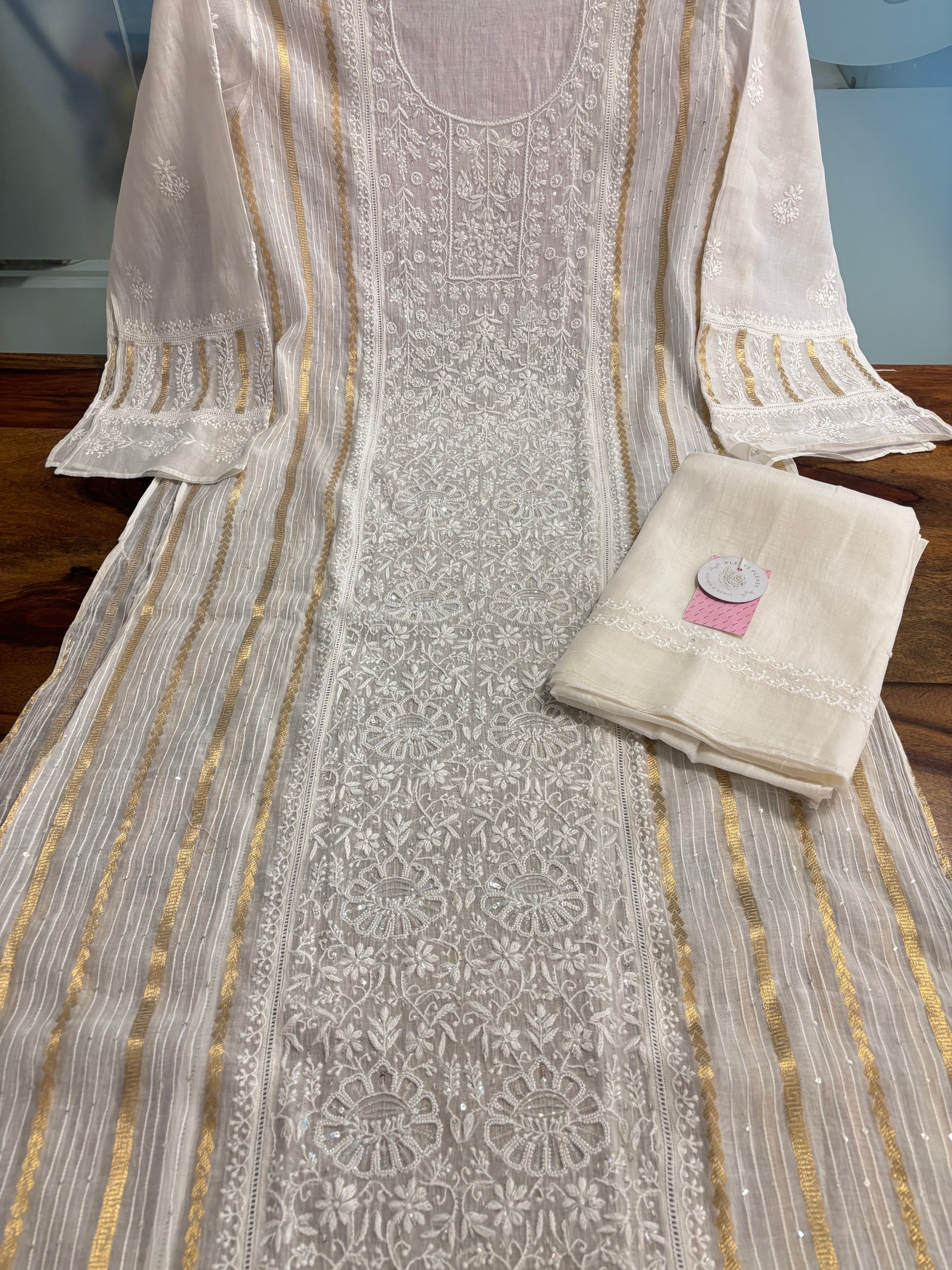 Dyeable Chanderi Mul Chikankari Kurta & Dupatta With Banarasi Weave