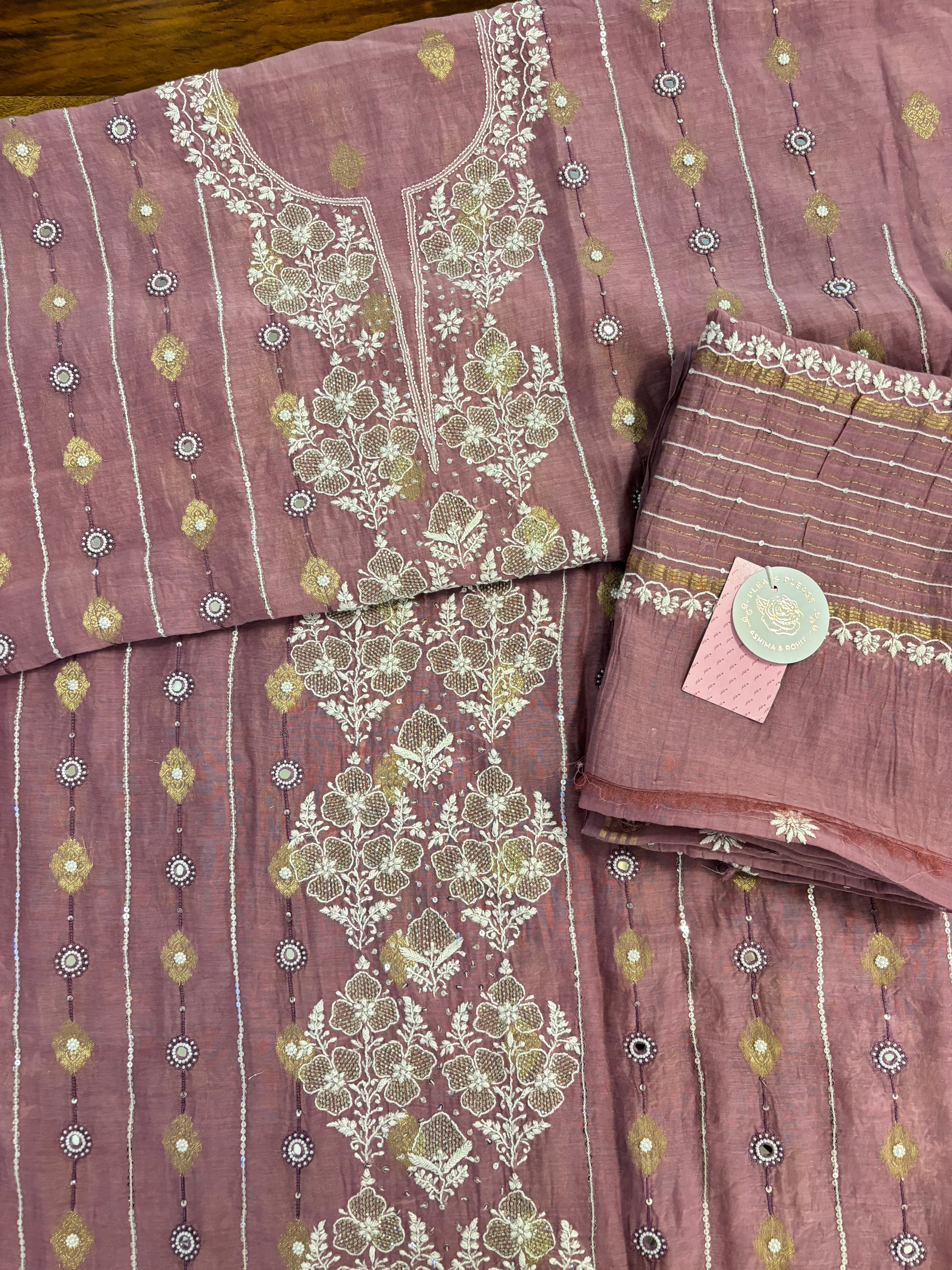 Mauve Plum Chanderi Banarasi Silk Chikankari Kurta & Dupatta