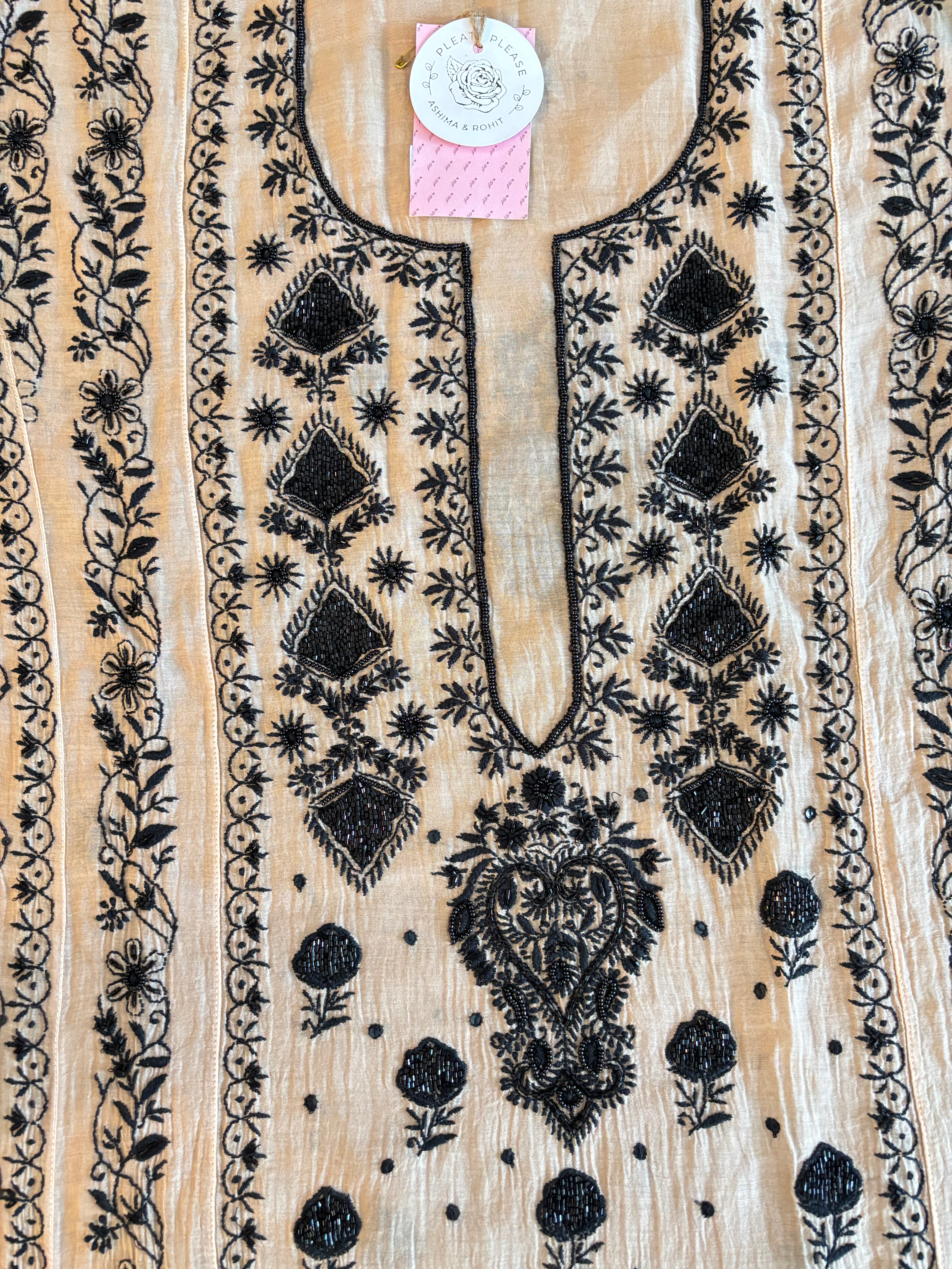 Cream peach Chanderi Mul Chikankari A-line Kurta & Dupatta