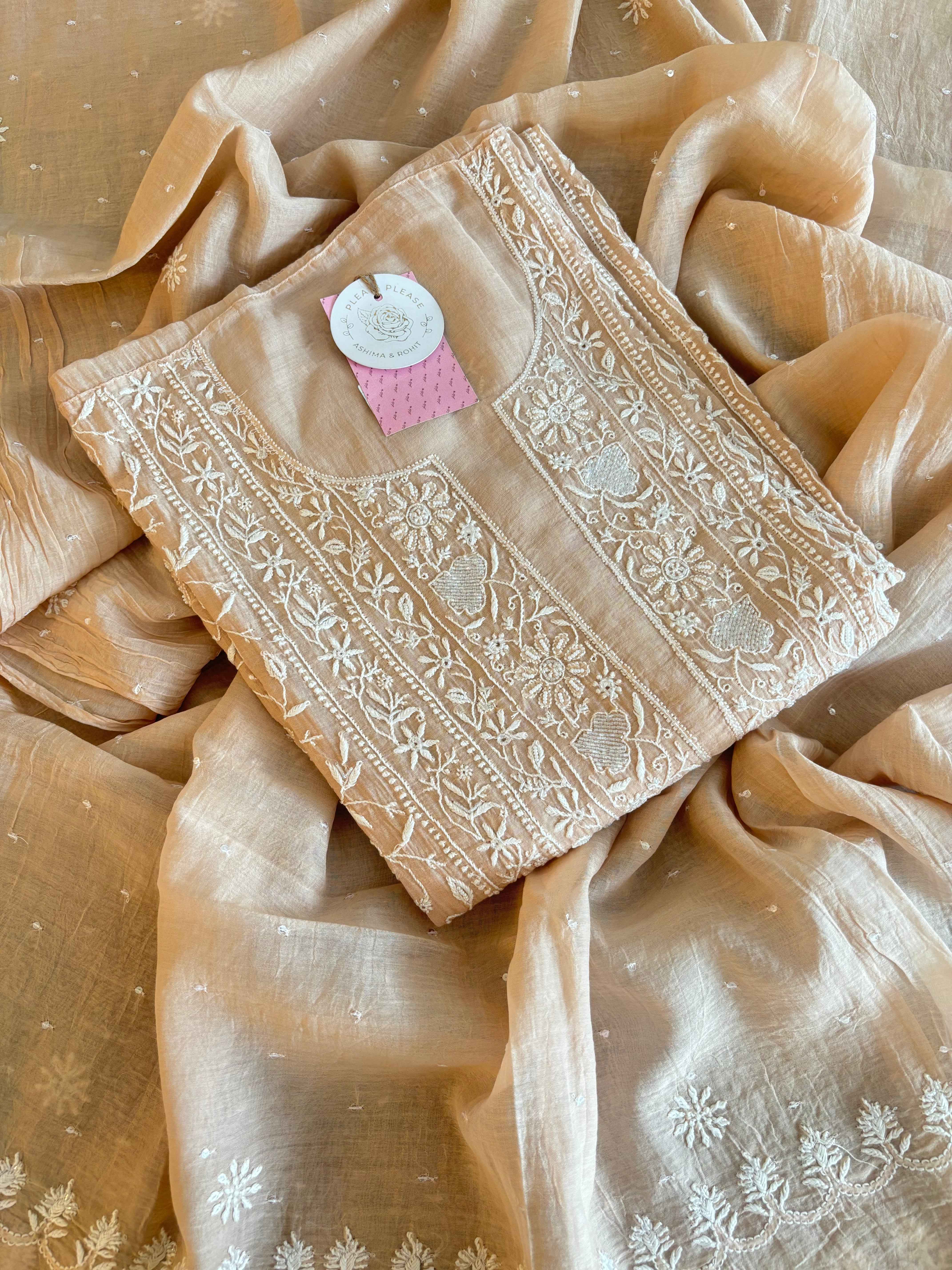 Blush Cream Chanderi Chikankari Kurta & Dupatta
