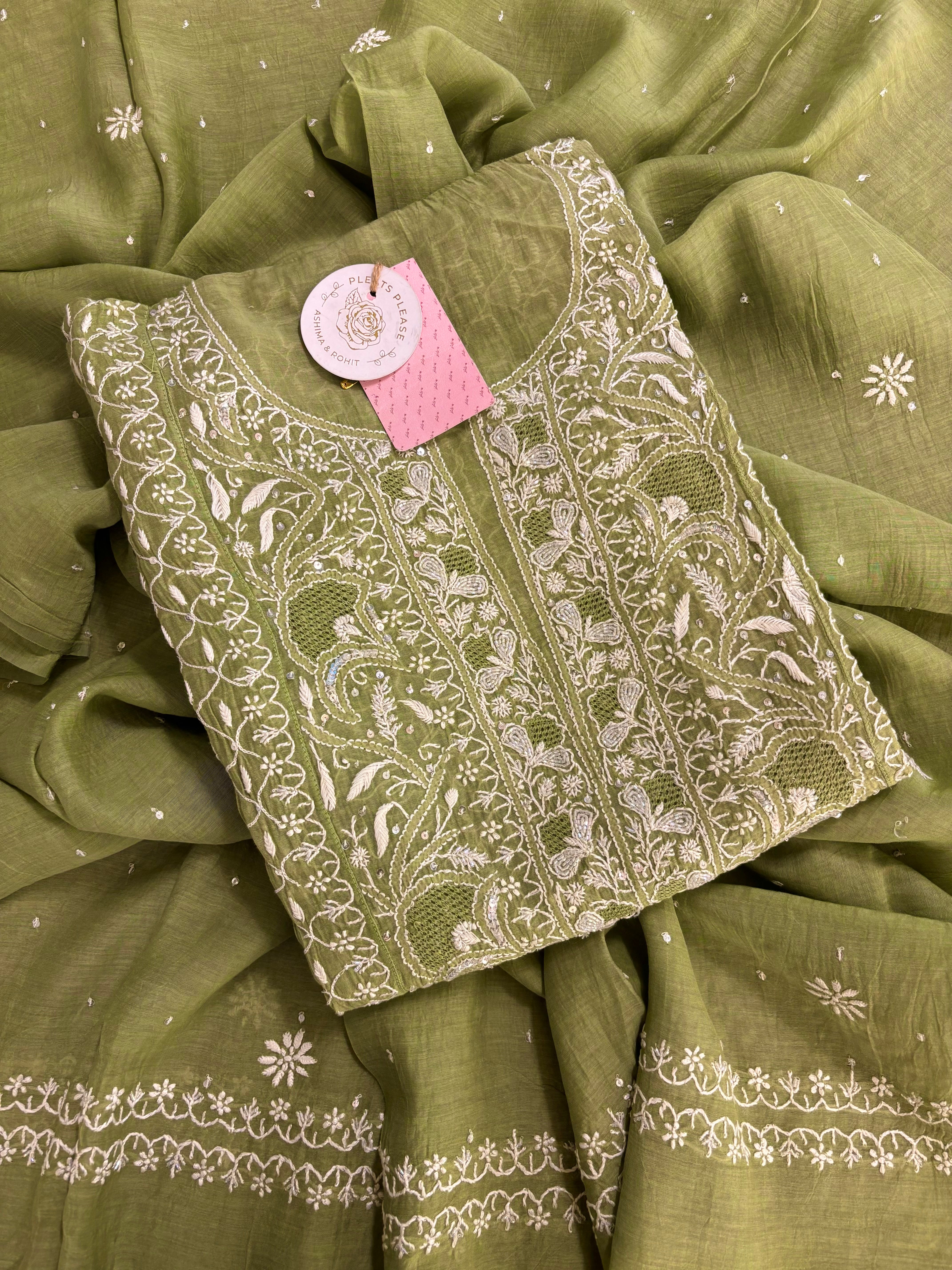 Green Chanderi Chikankari Kurta & Dupatta