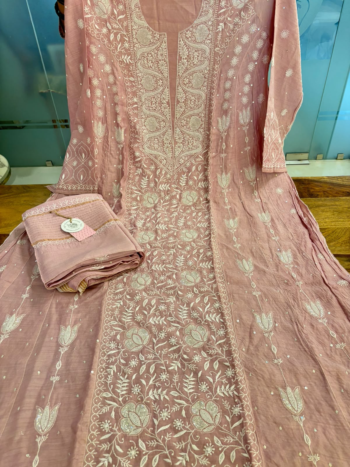 Baby Pink Pure Monga Silk Chikankari Anarakli & Dupatta