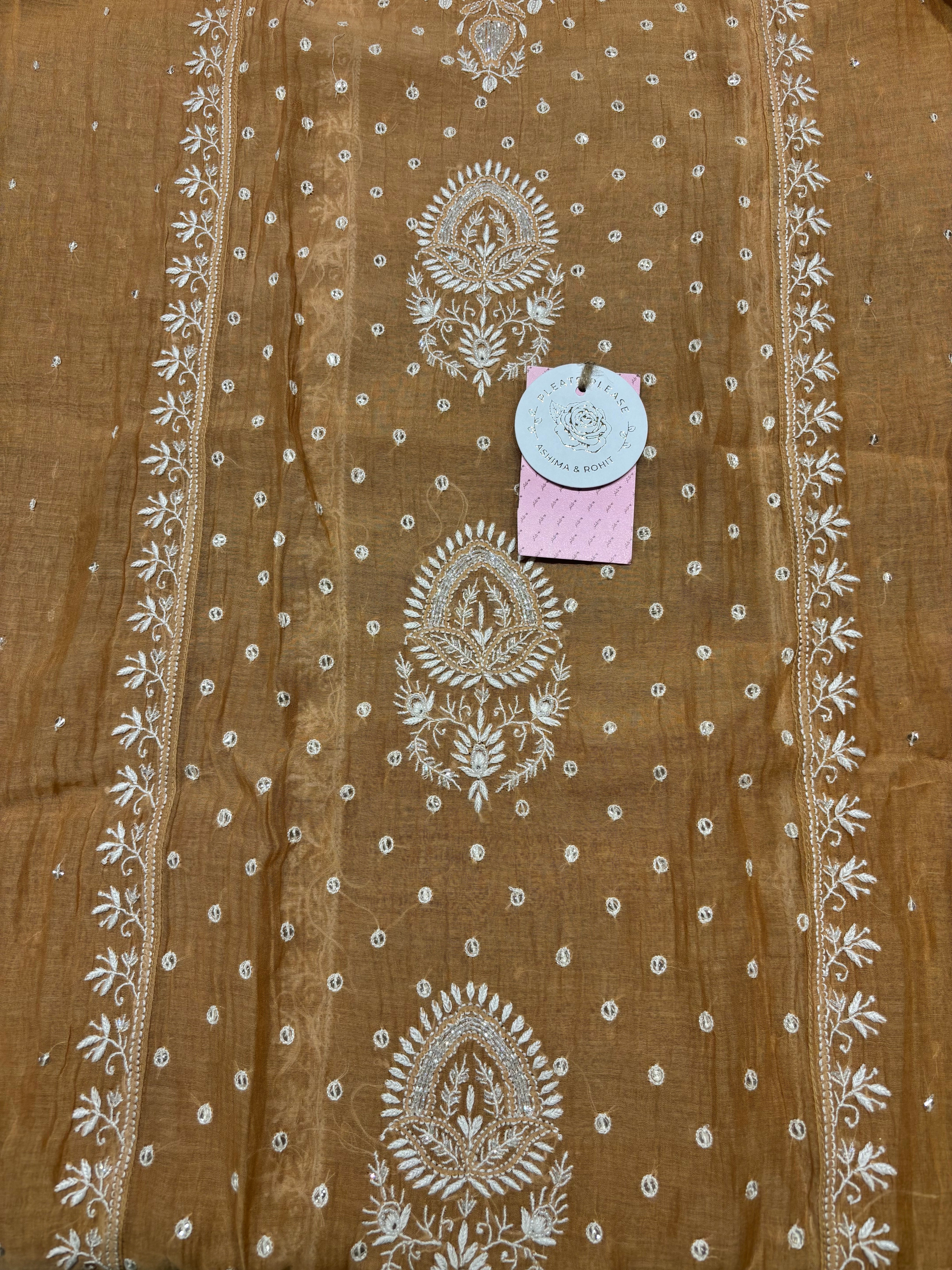 Chocolate Brown Chanderi Mul Chikankari Kurta & Dupatta Set