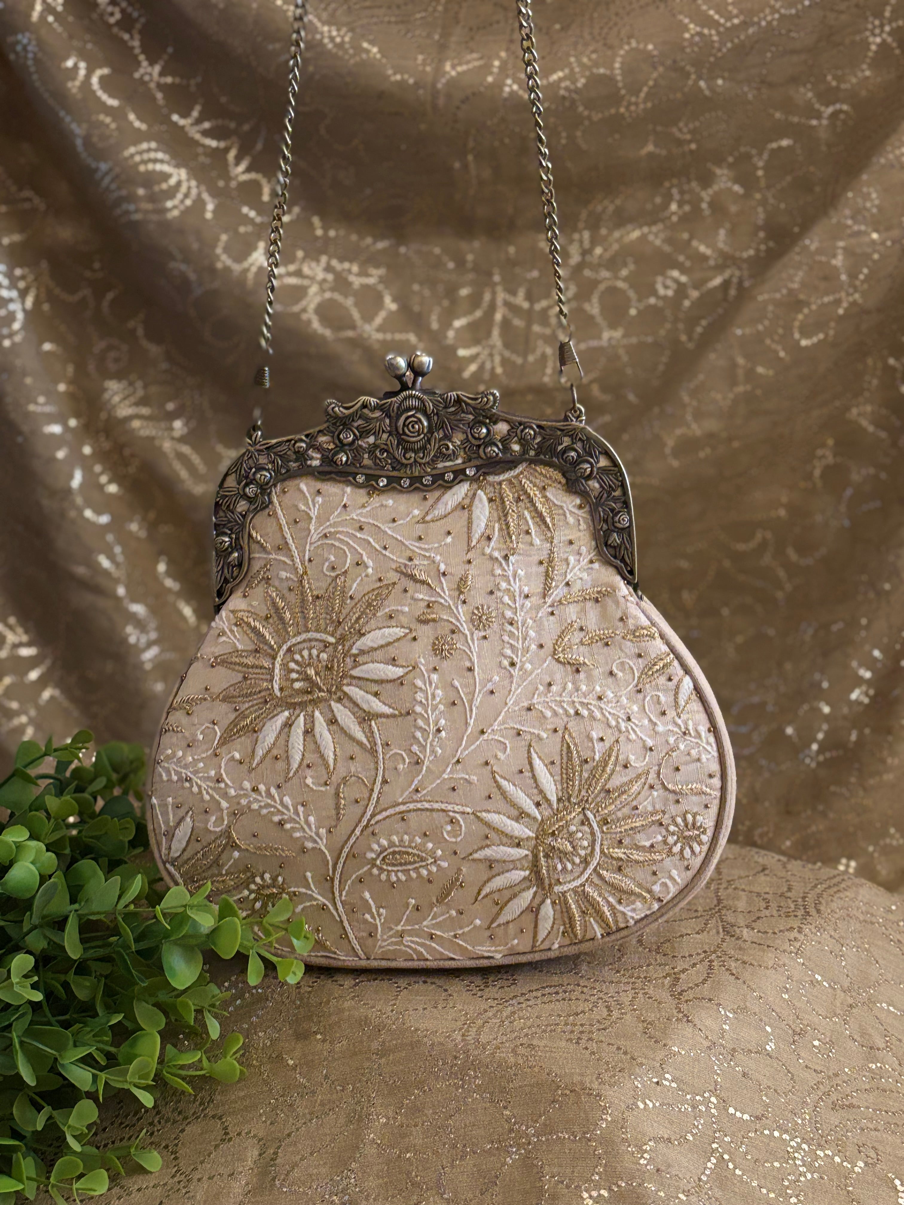 Beige Chikankari Clutch Bag