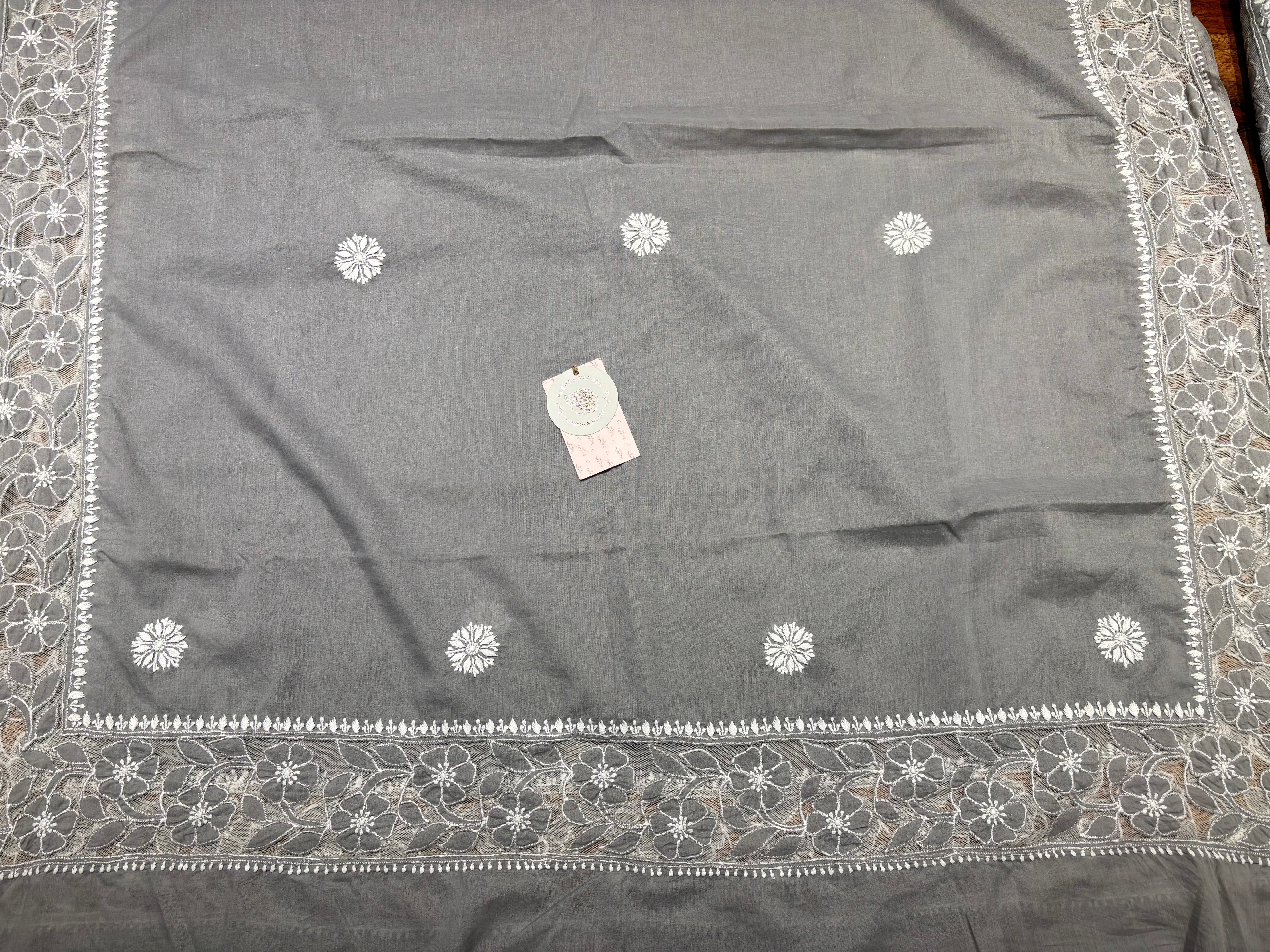 Gray Mulmul Soft Net Chikankari Applique Kurta And Dupatta Fabric
