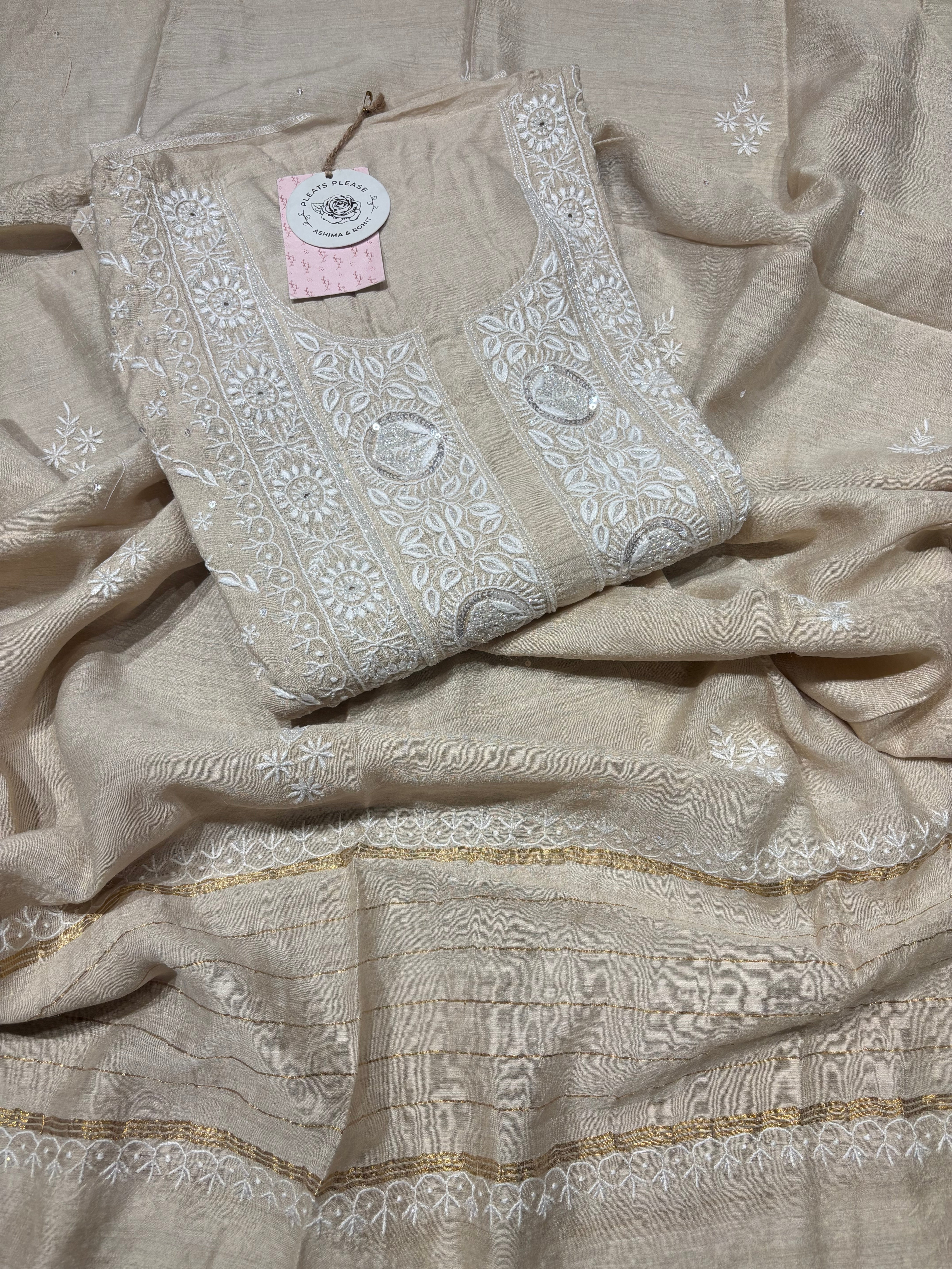 Dyeable Monga Silk Chikankari Kurta and Dupatta set