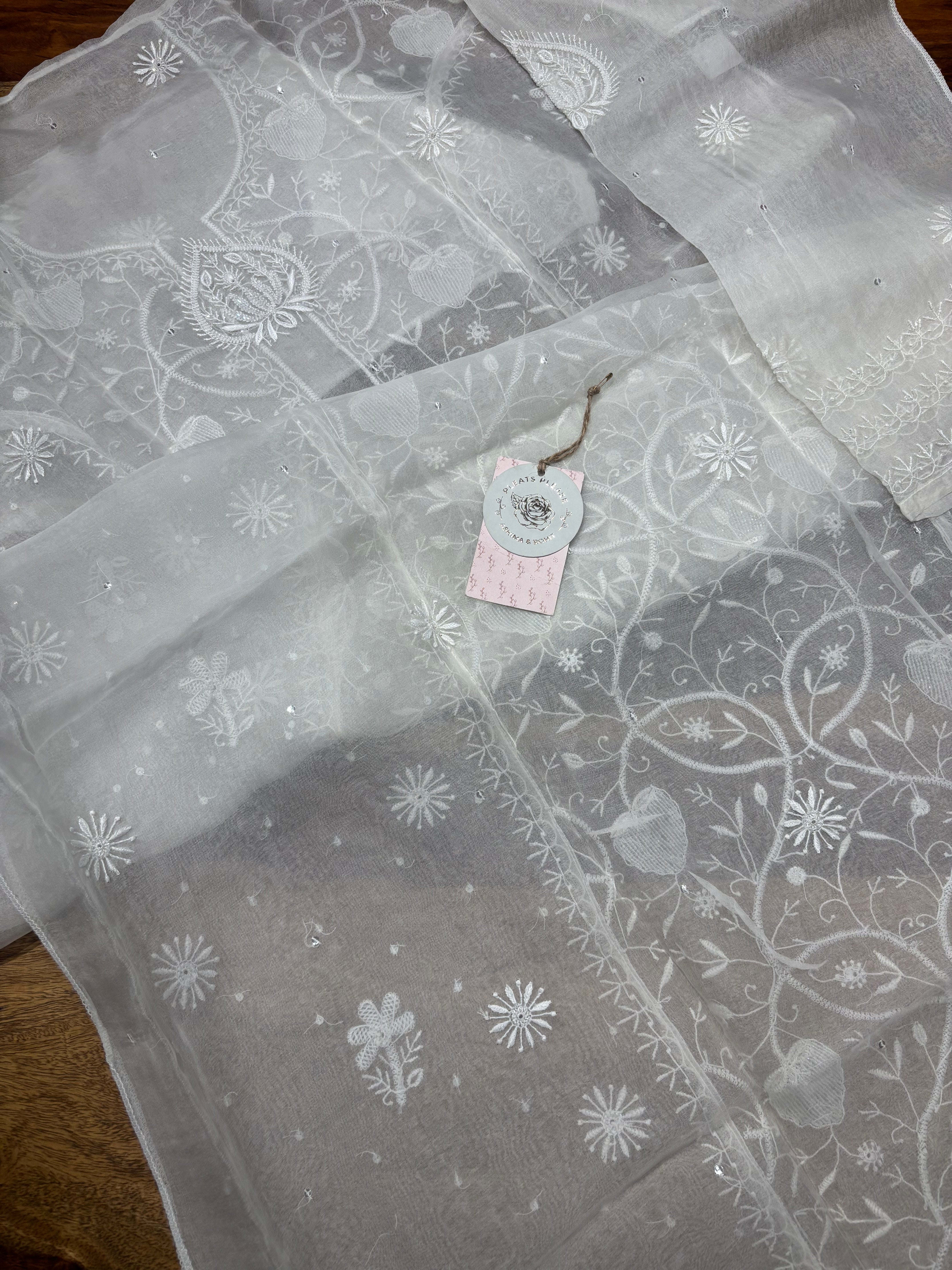 Dyeable Pure Organza Chikankari Kurta And Dupatta Set
