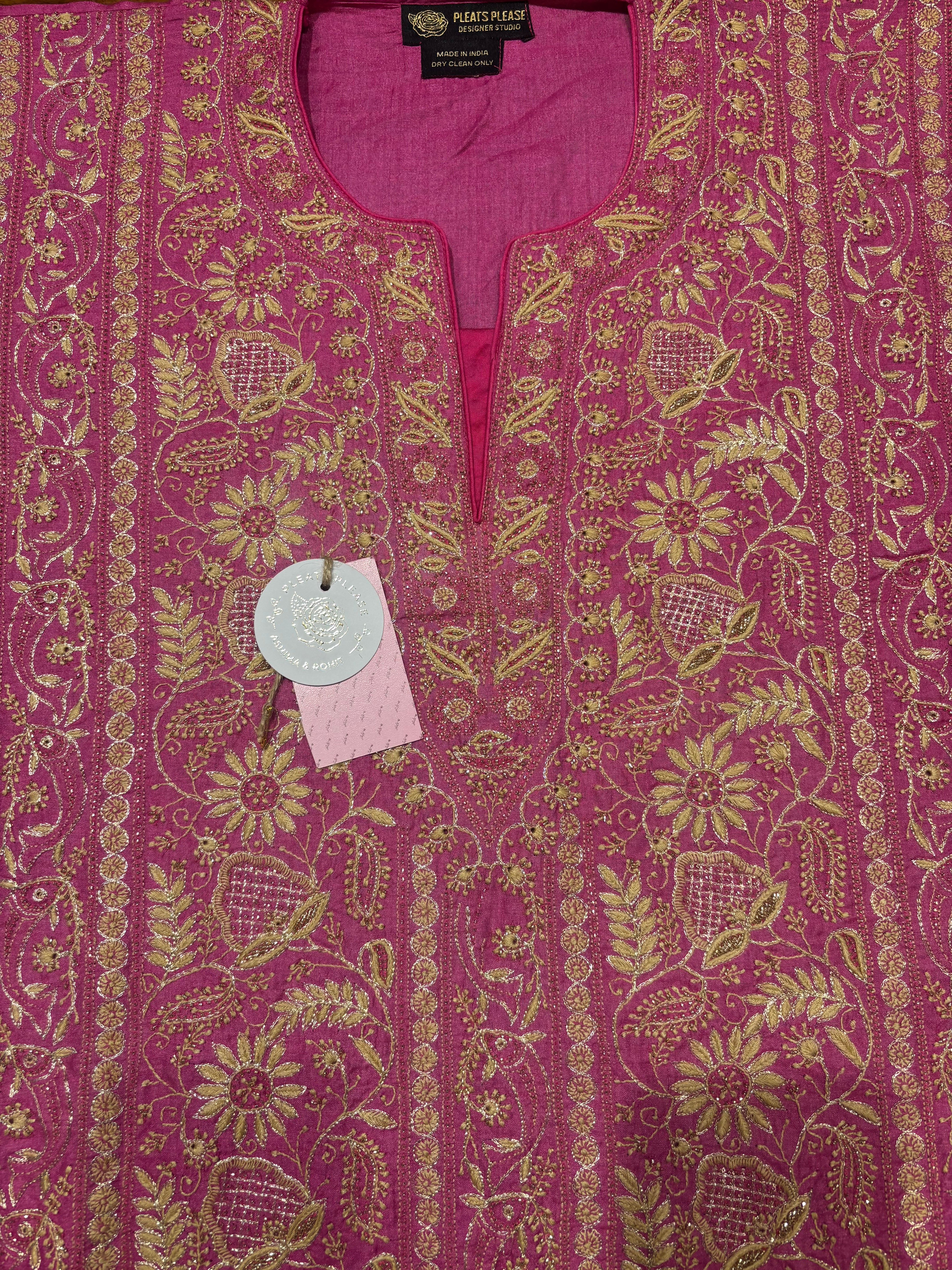 Magenta Pink Pure & Premium Monga Silk Chikankari Kurta, Dupatta & Bottom Fabric