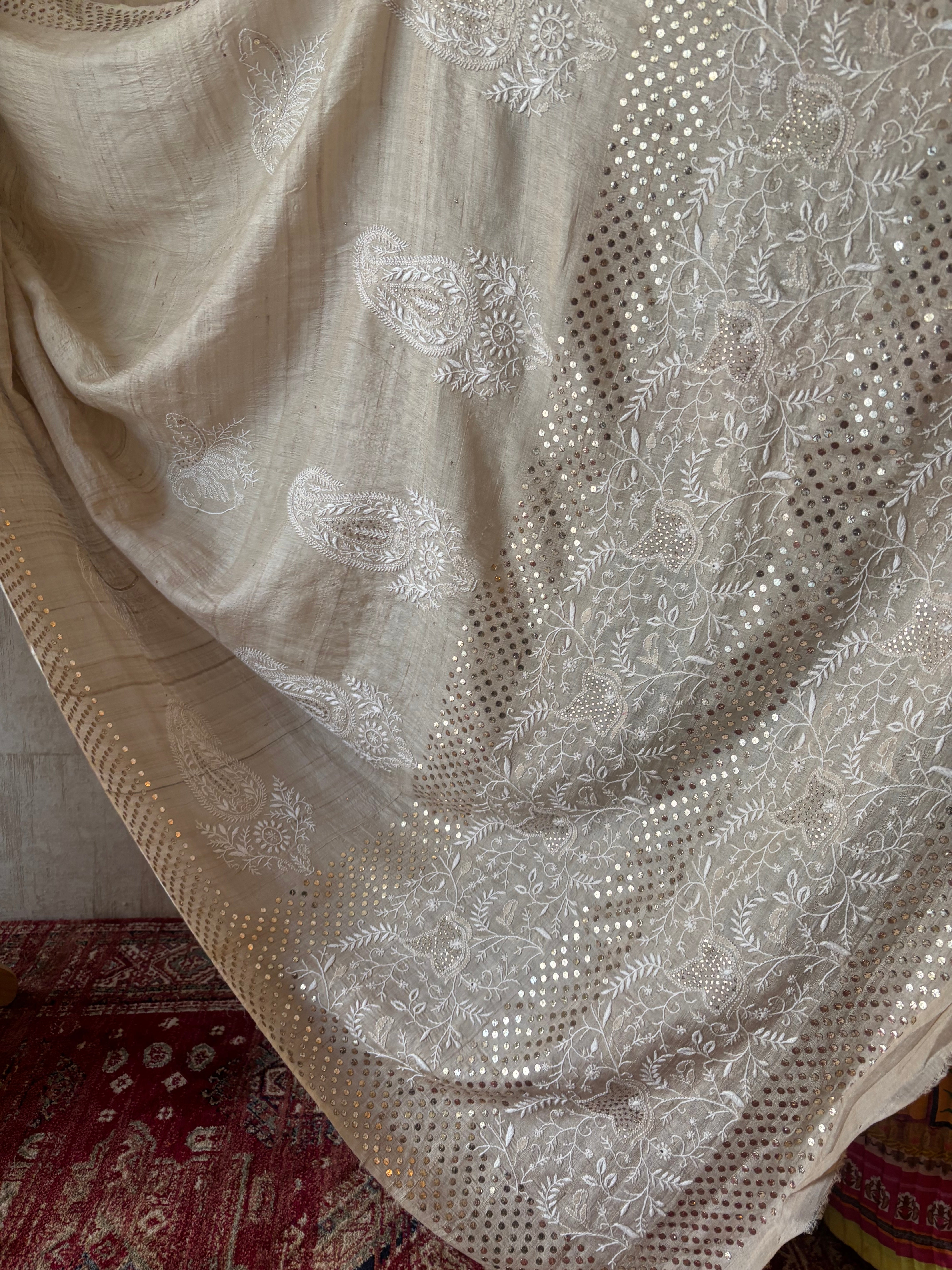 Dyeable Pure and Premium Tussar Silk Chikankari & Mukaish Saree and Blouse