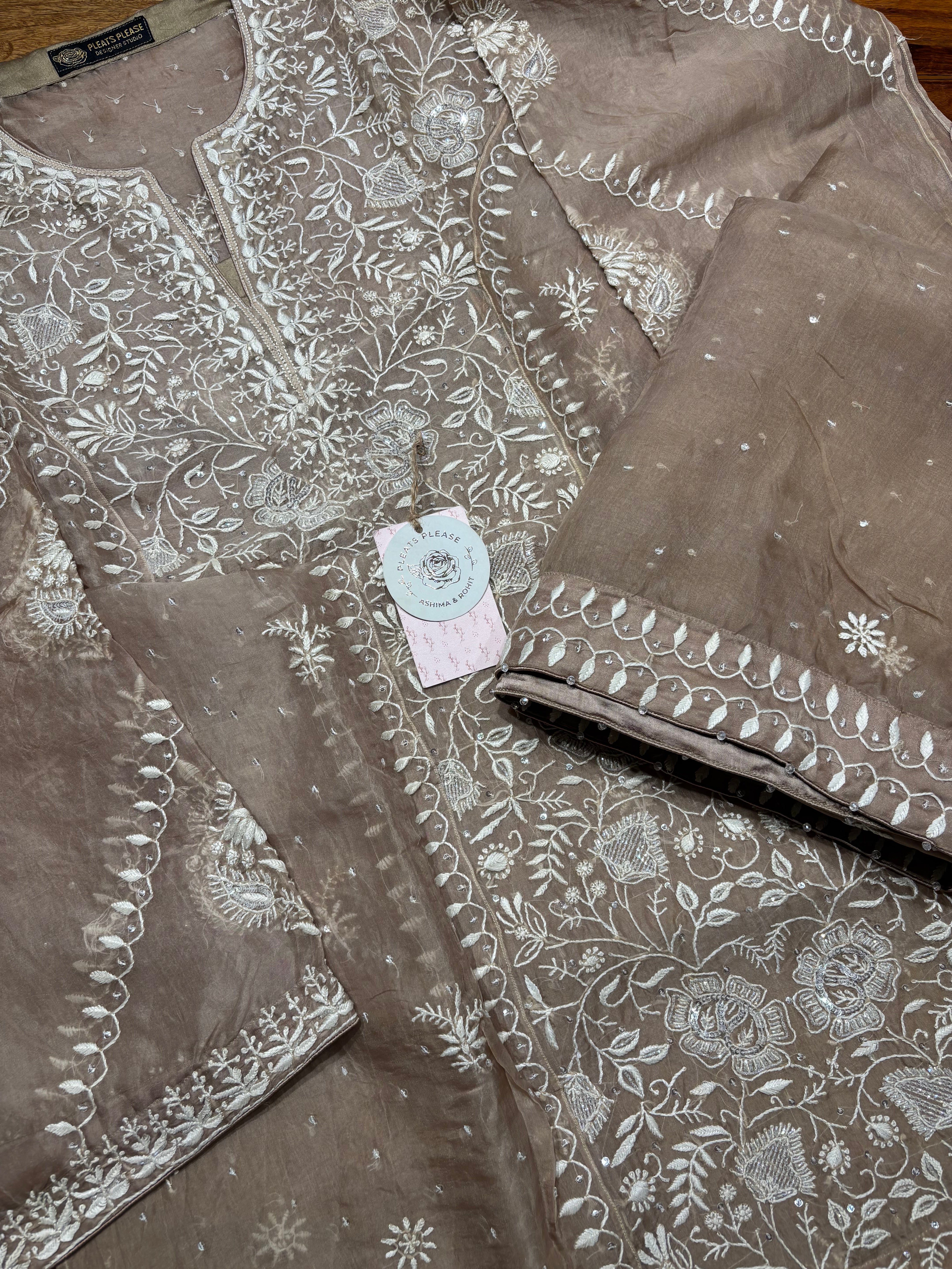 Brown Pure And Premium Organza Silk Chikankari Kurta And Dupatta Set
