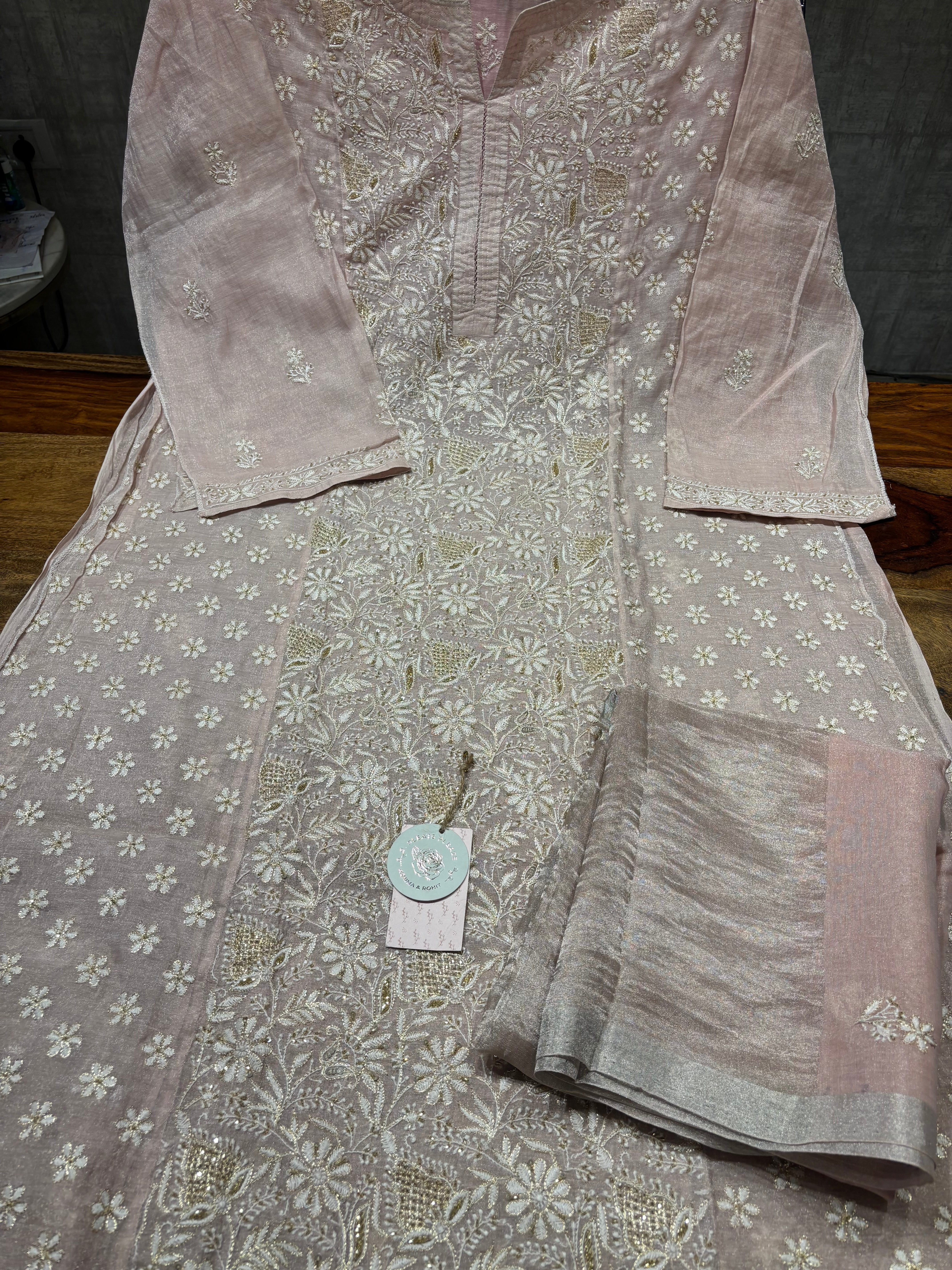 Lavender Pure Tissue Chikankari Kurta and Dupatta set