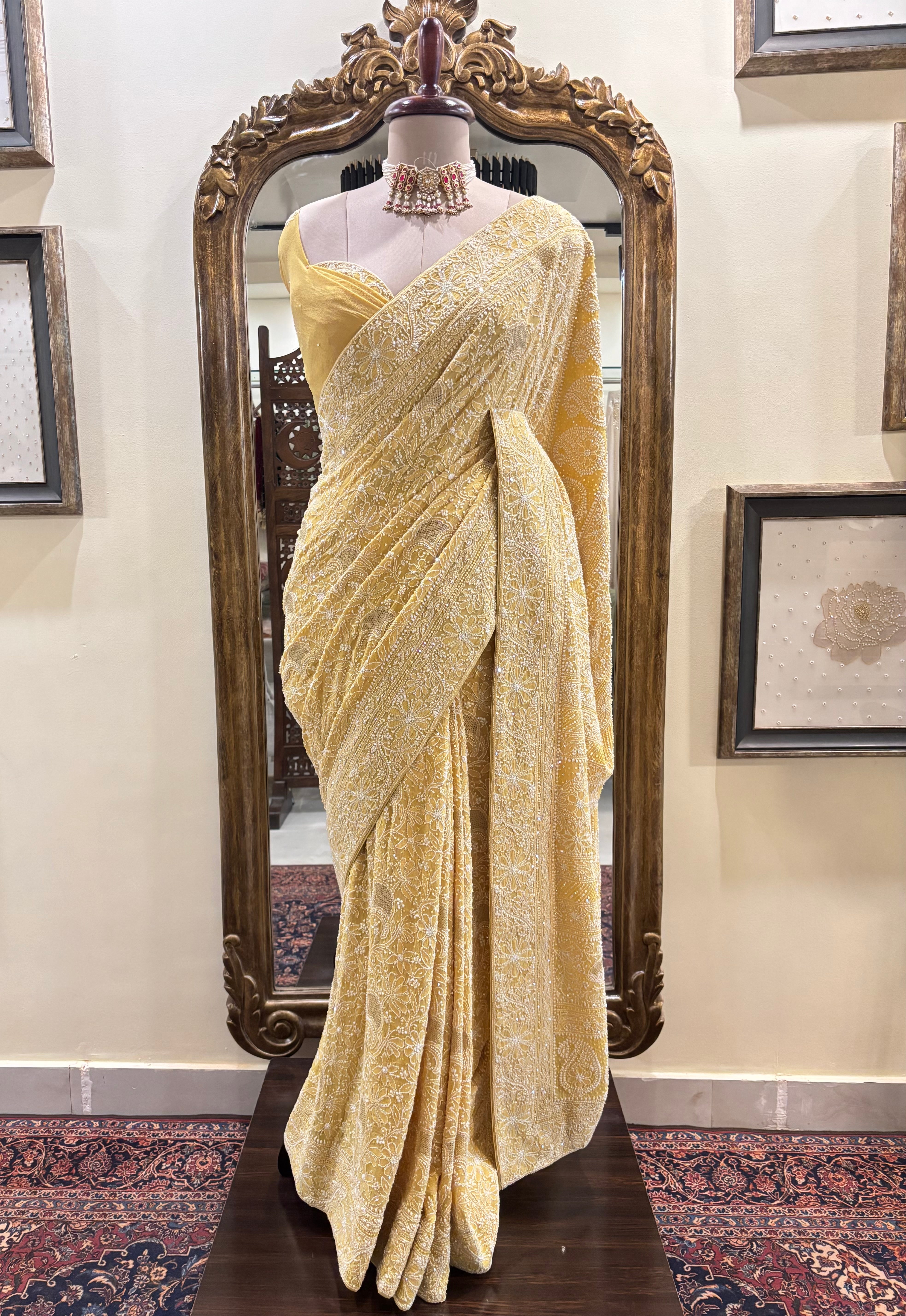 Bright Yellow Pure & Premium Georgette Chikankari Saree