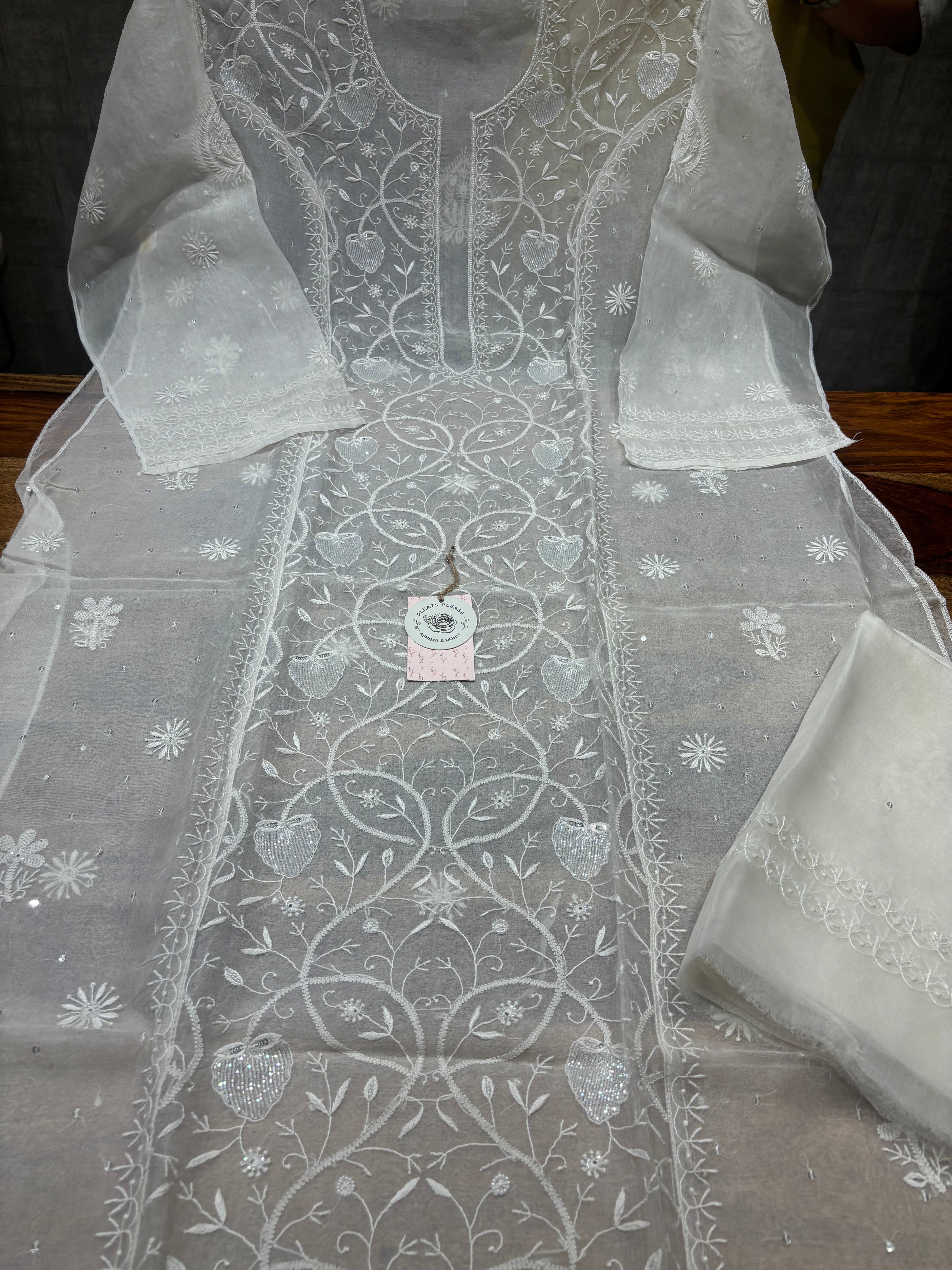 Dyeable Pure Organza Chikankari Kurta And Dupatta Set