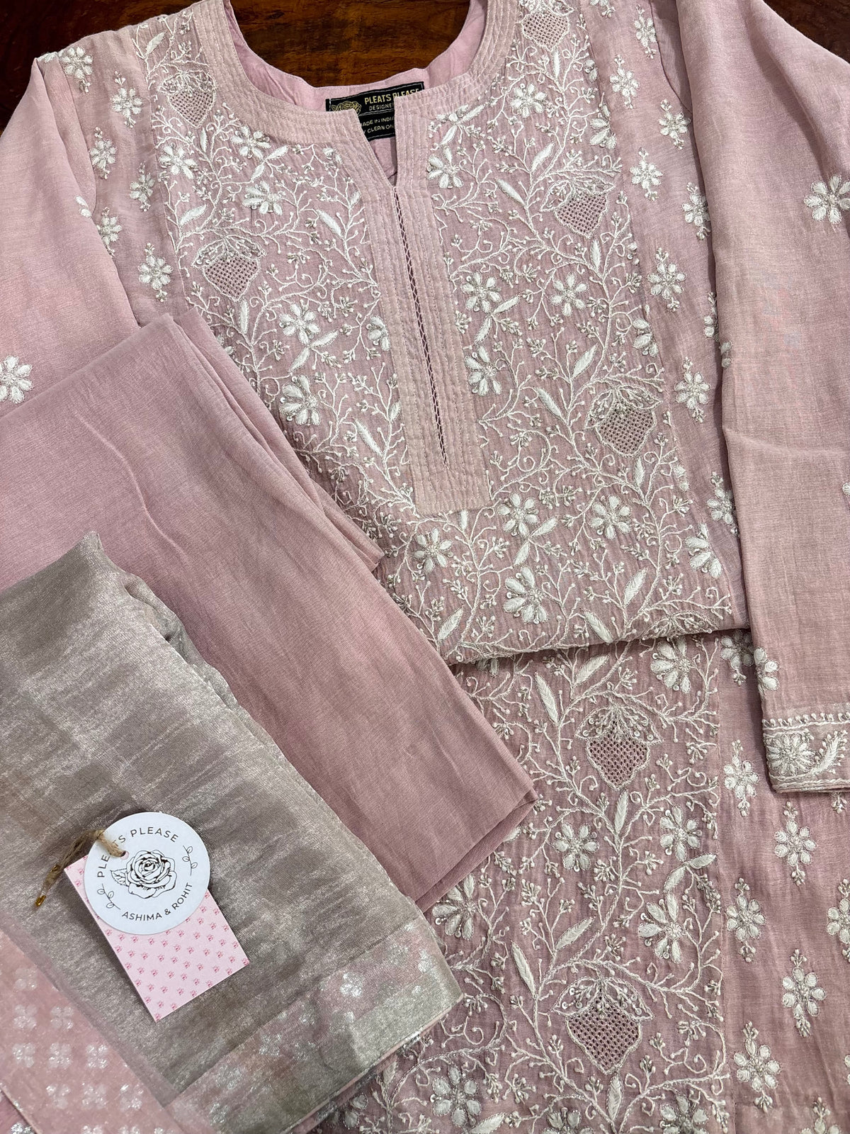 Pink Pure Tissue Chikankari Kurta, Dupatta With Bottom