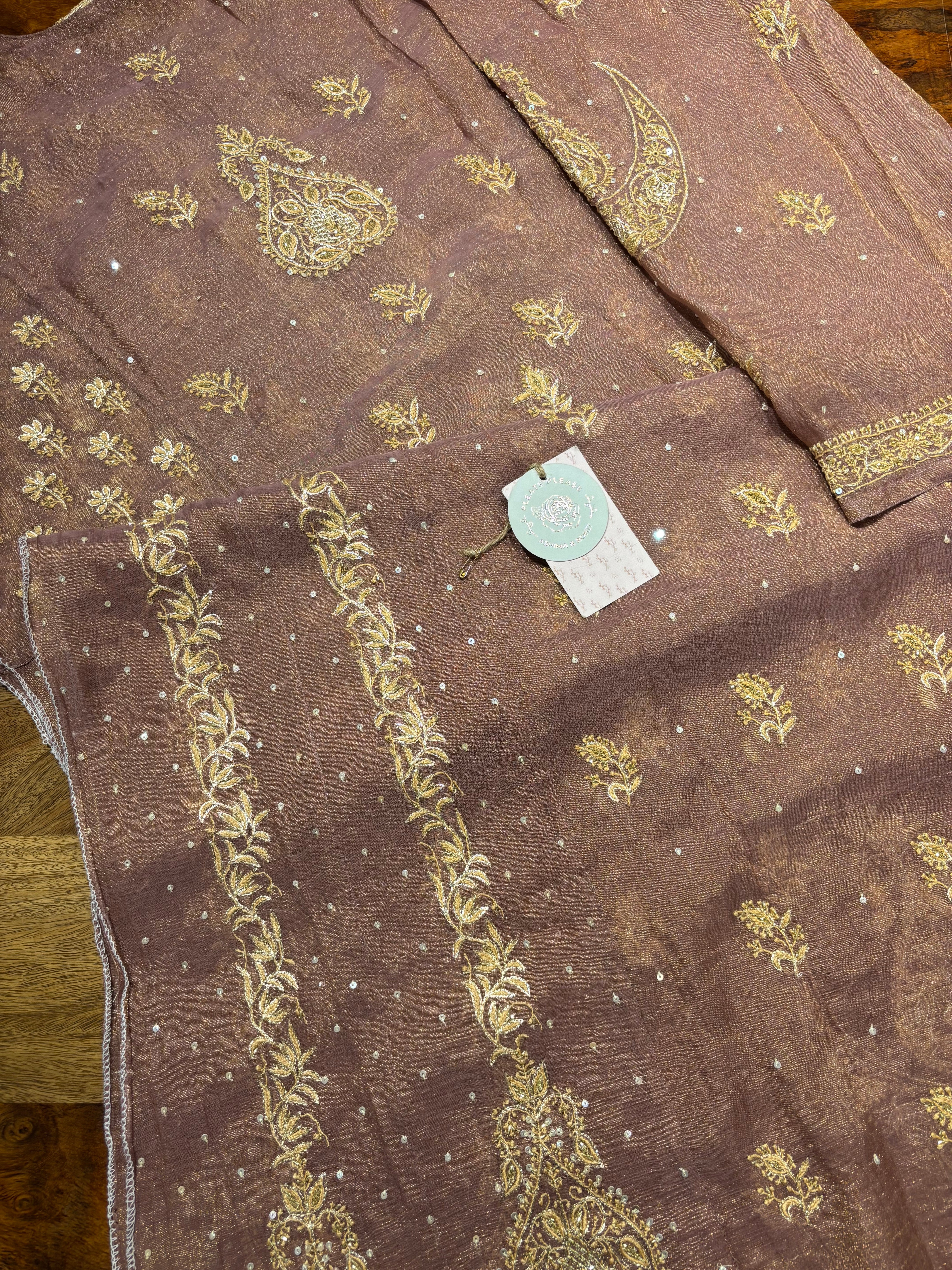 Garnet Pure and Premium Tissue Chikankari Aline Anarkali & Dupatta Set
