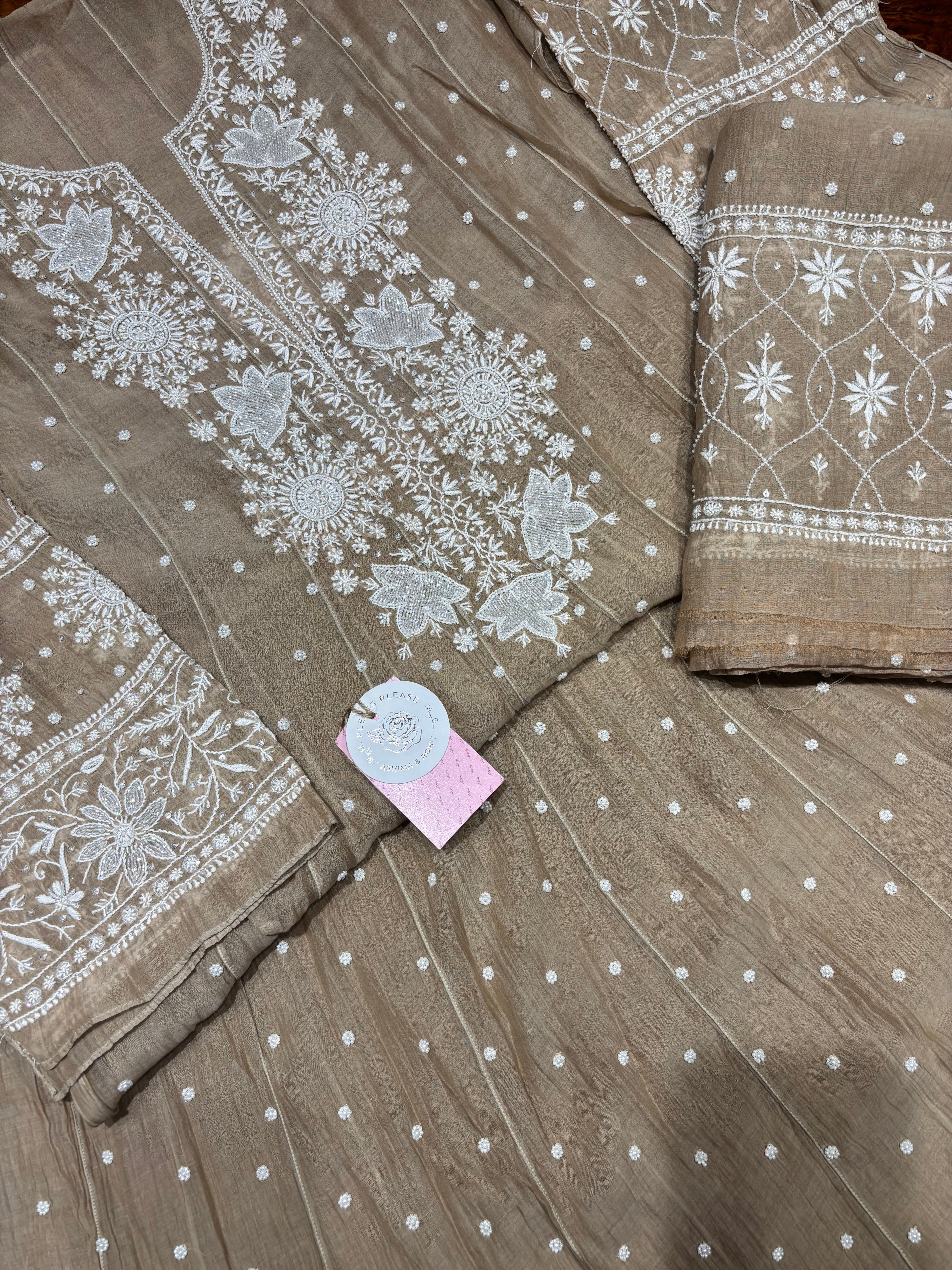 Brown Chanderi Mul Chikankari Anarkali and Dupatta Set