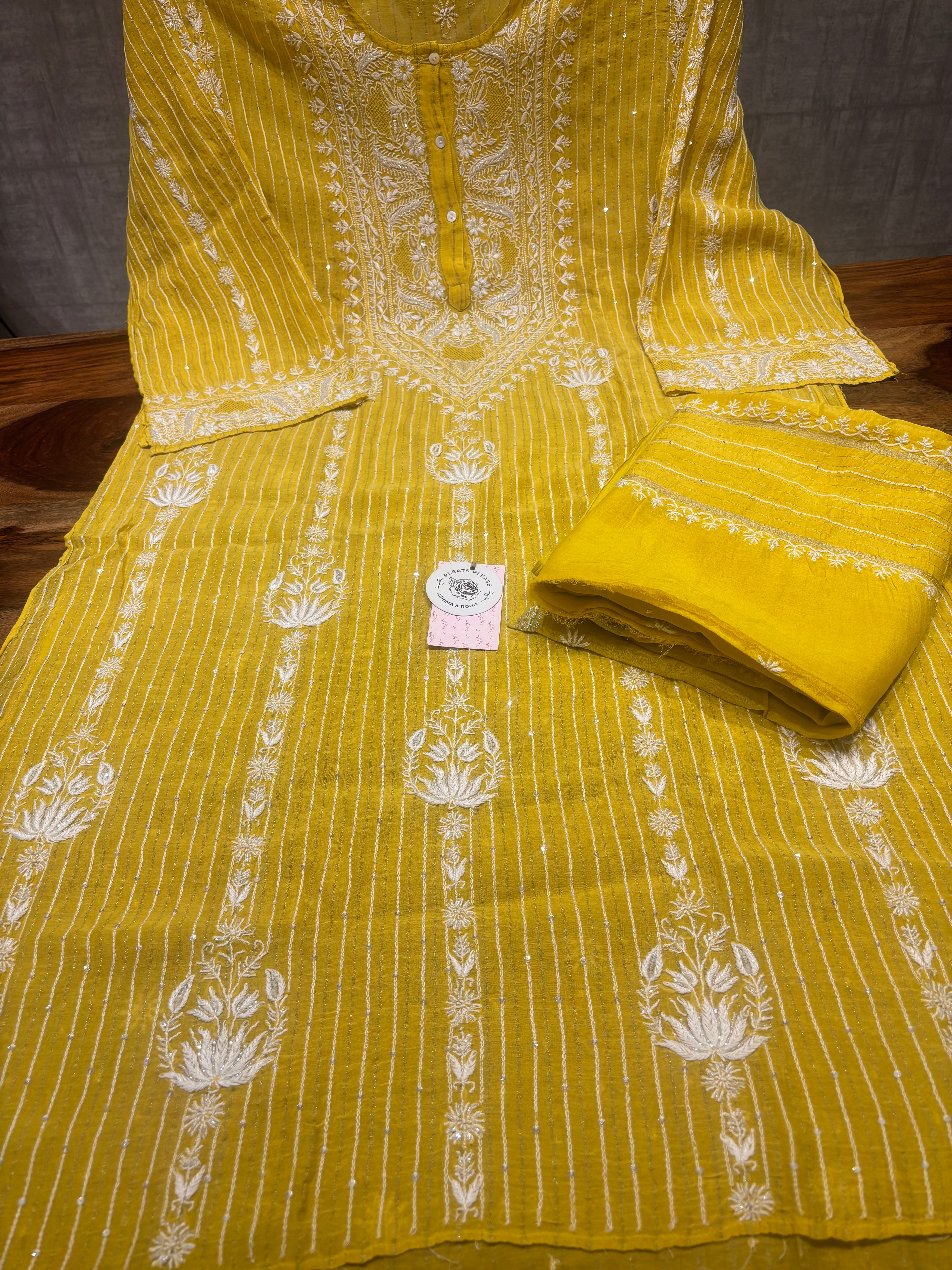Mustard Chanderi Mul Chikankari Kurta & Dupatta Set