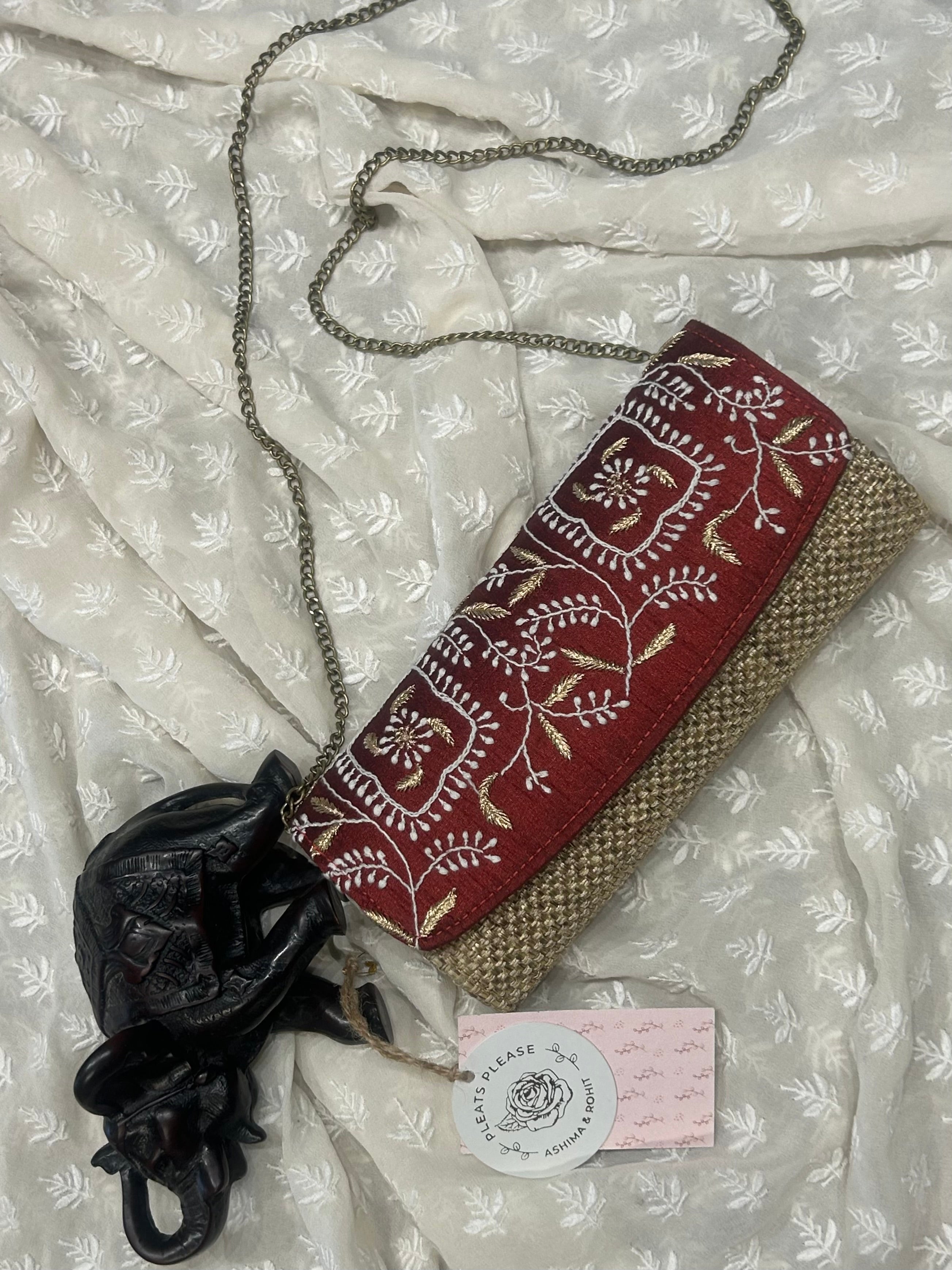 Cranberry Red Silk Chikankari Clutch Jute Bag