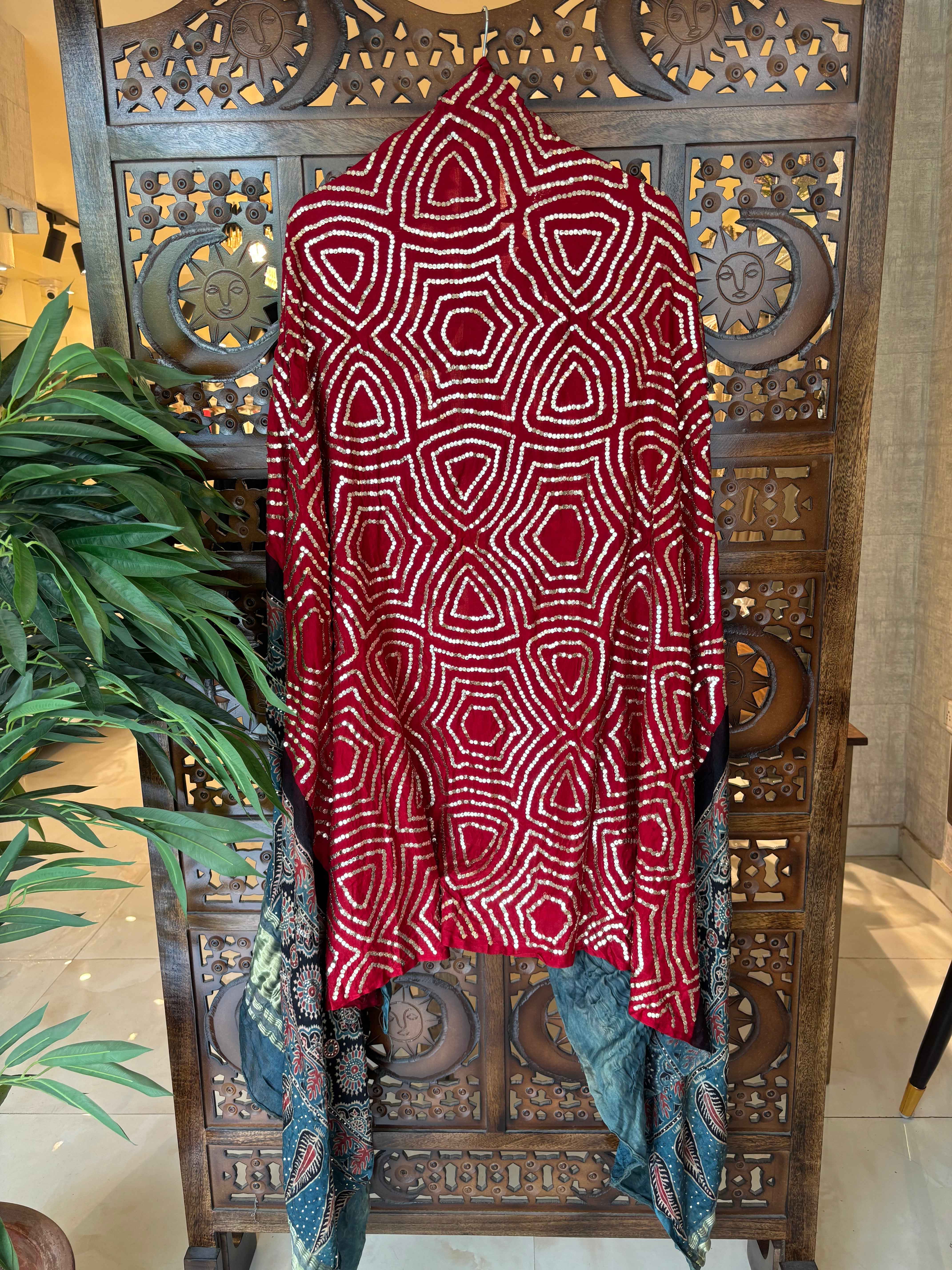 Red Ajrakh Mukaish Dupatta