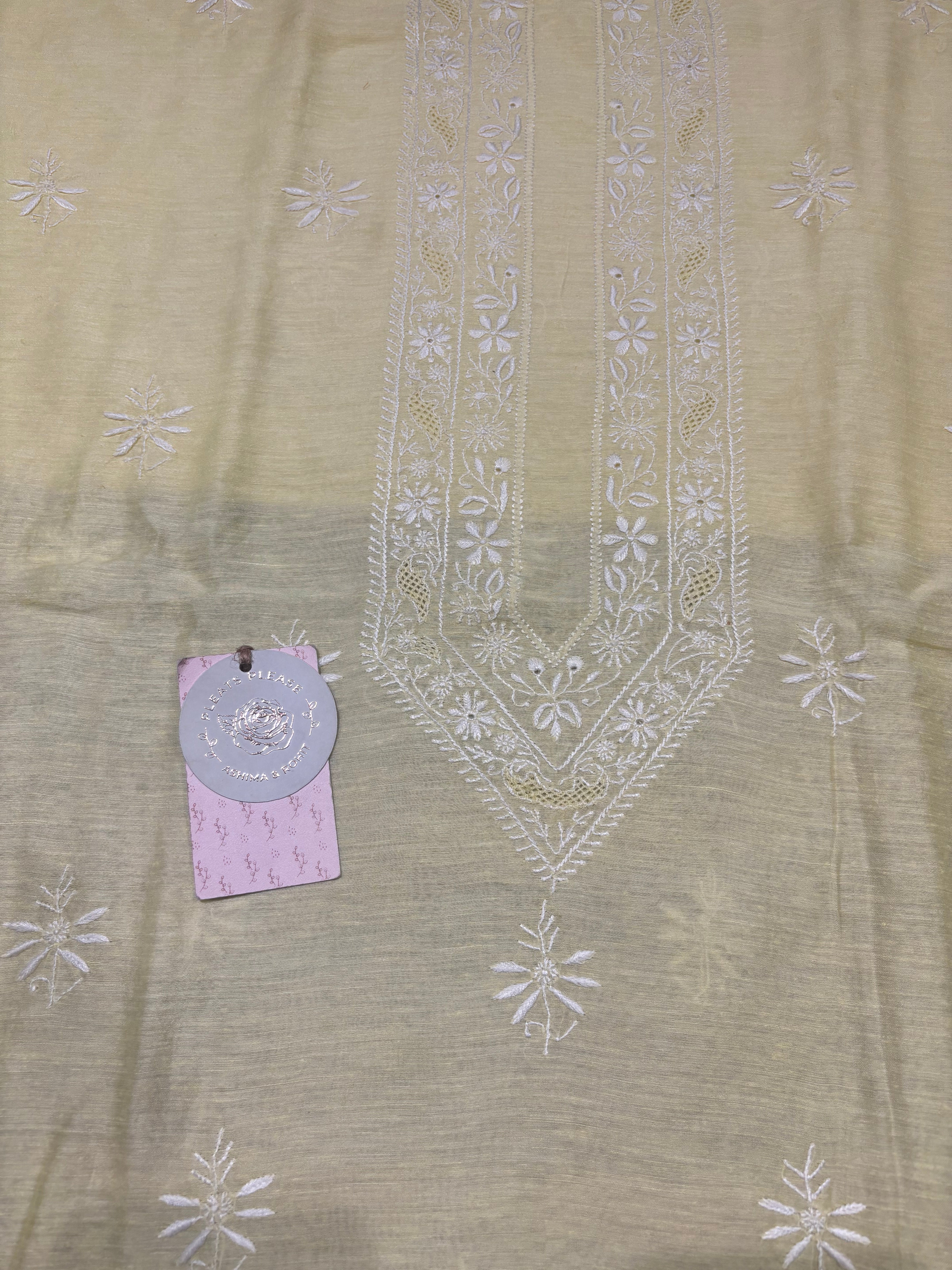 Lemon Yellow Linen Chikankari Men’s Kurta Fabric