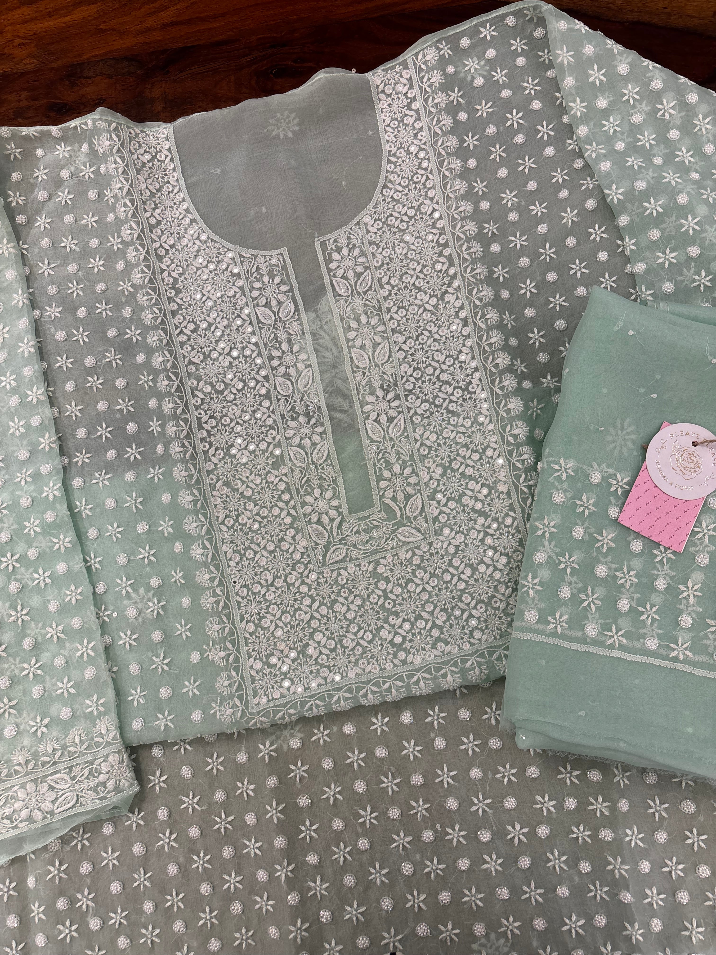 Mint Green Pure Organza Chikankari Kurta & Dupatta - Pleats PleaseChikankari