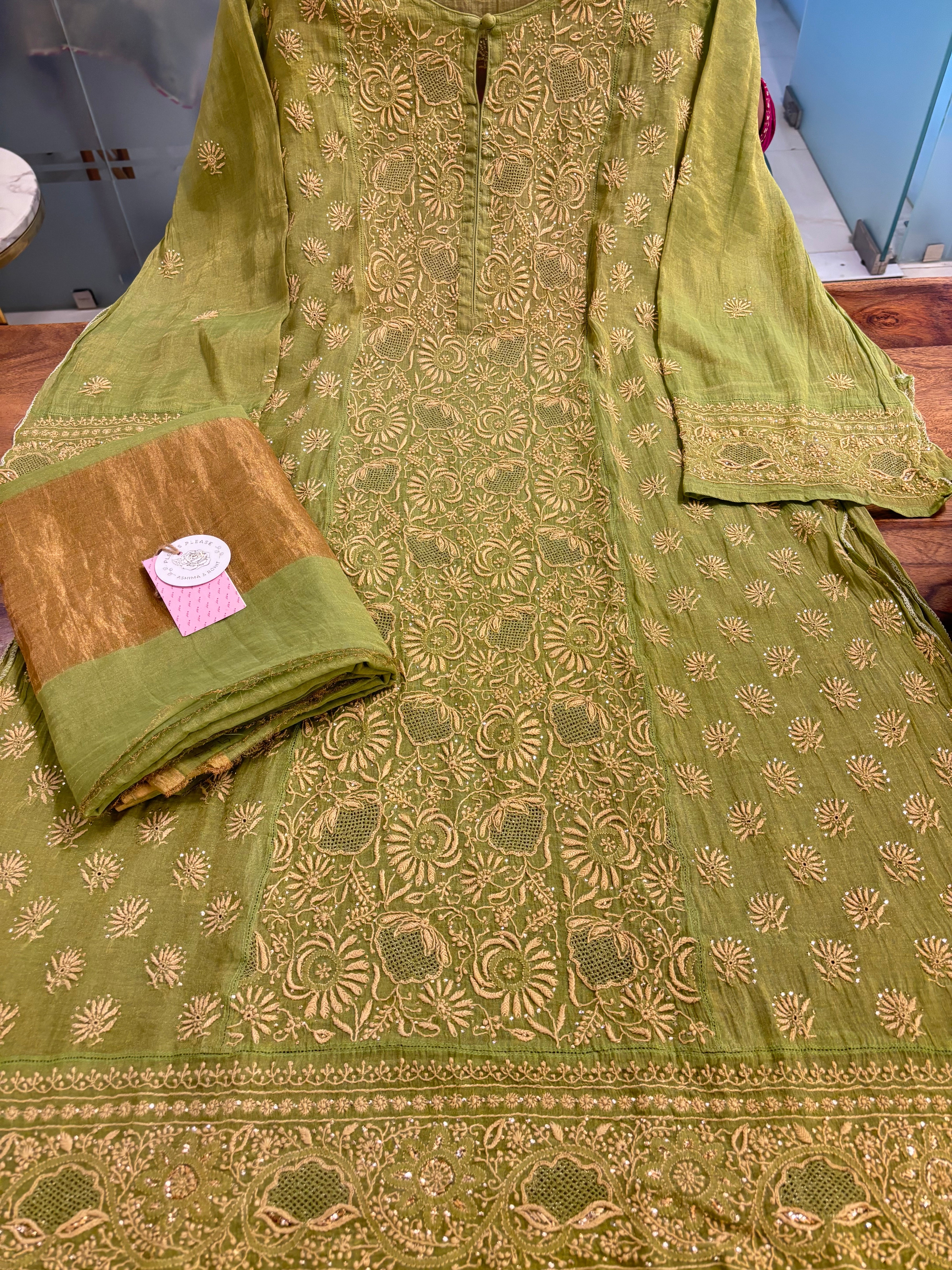 Warm Green Pure & Premium Tissue Chikankari Mukaish Kurta & Dupatta