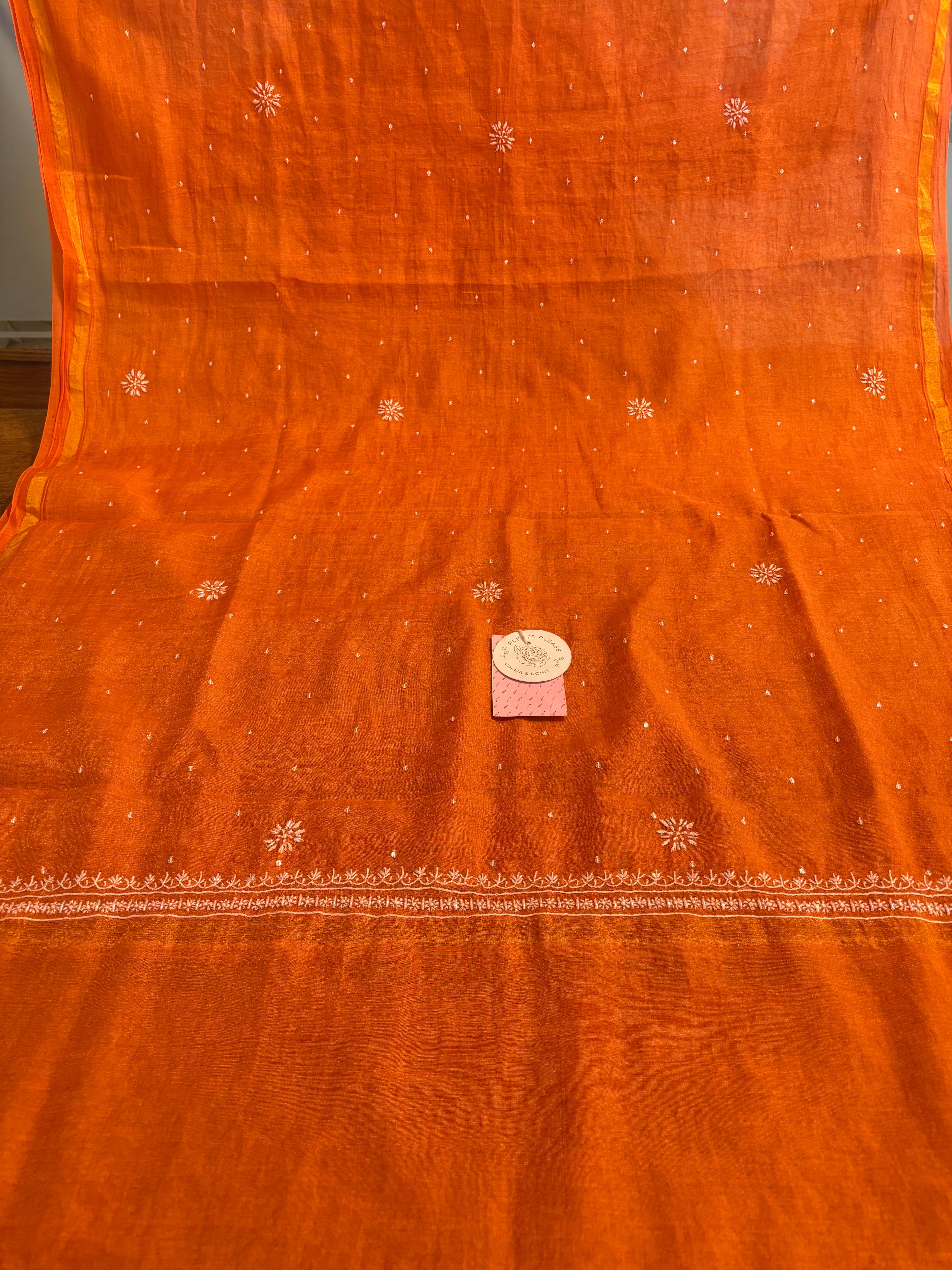 Burnt Orange Pure Tissue Chanderi Banarasi Silk Chikankari Kurta & Dupatta - Pleats PleaseChikankari