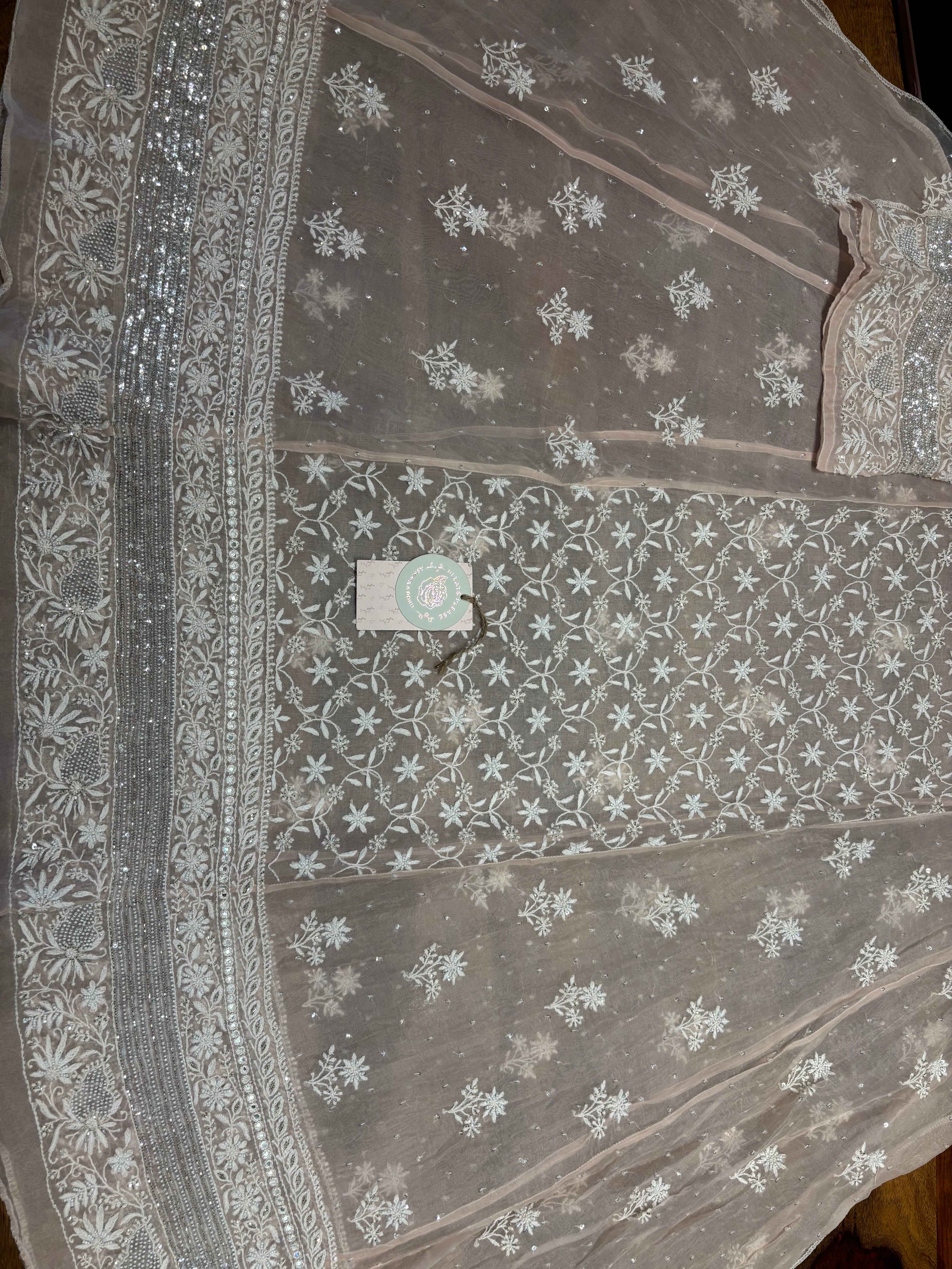 Peach Dust Pure And Premium Organza Anarkali And Dupatta Set - Pleats PleaseChikankari