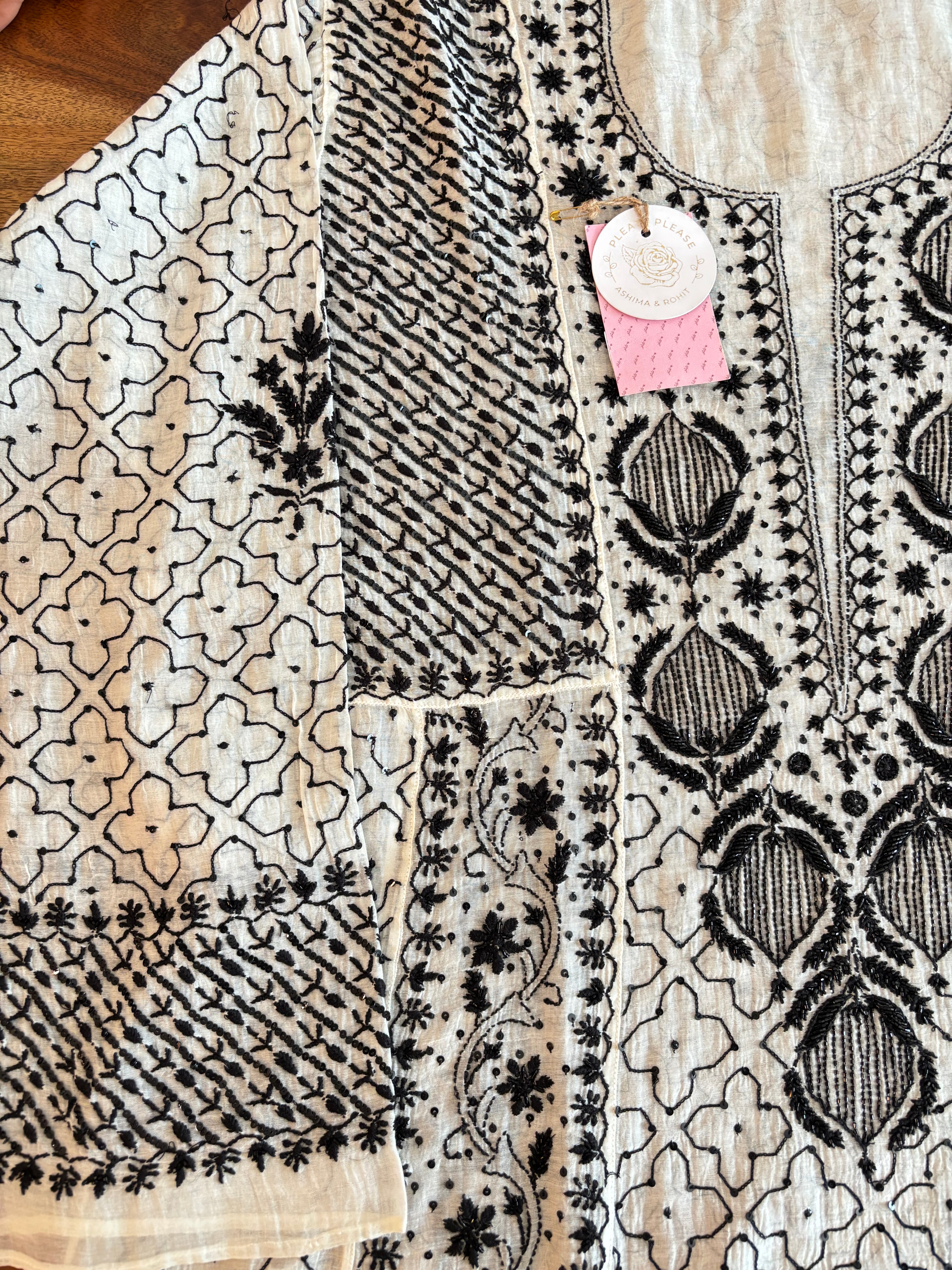 Dyeable Black and White Chanderi Mul Chikankari Anarkali & Dupatta