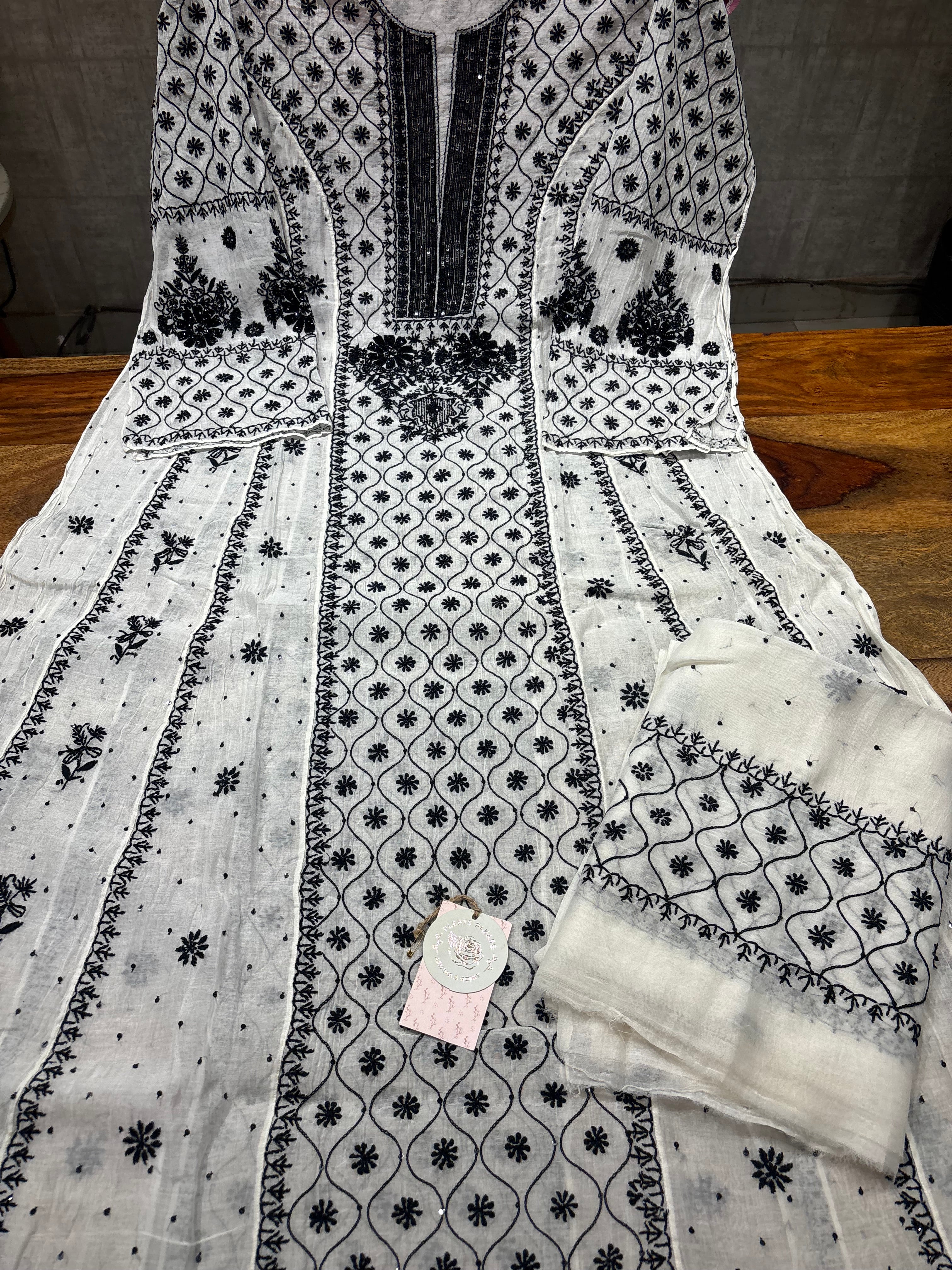 Dyeable Chanderi Mul Chikankari Anarkali and Dupatta set