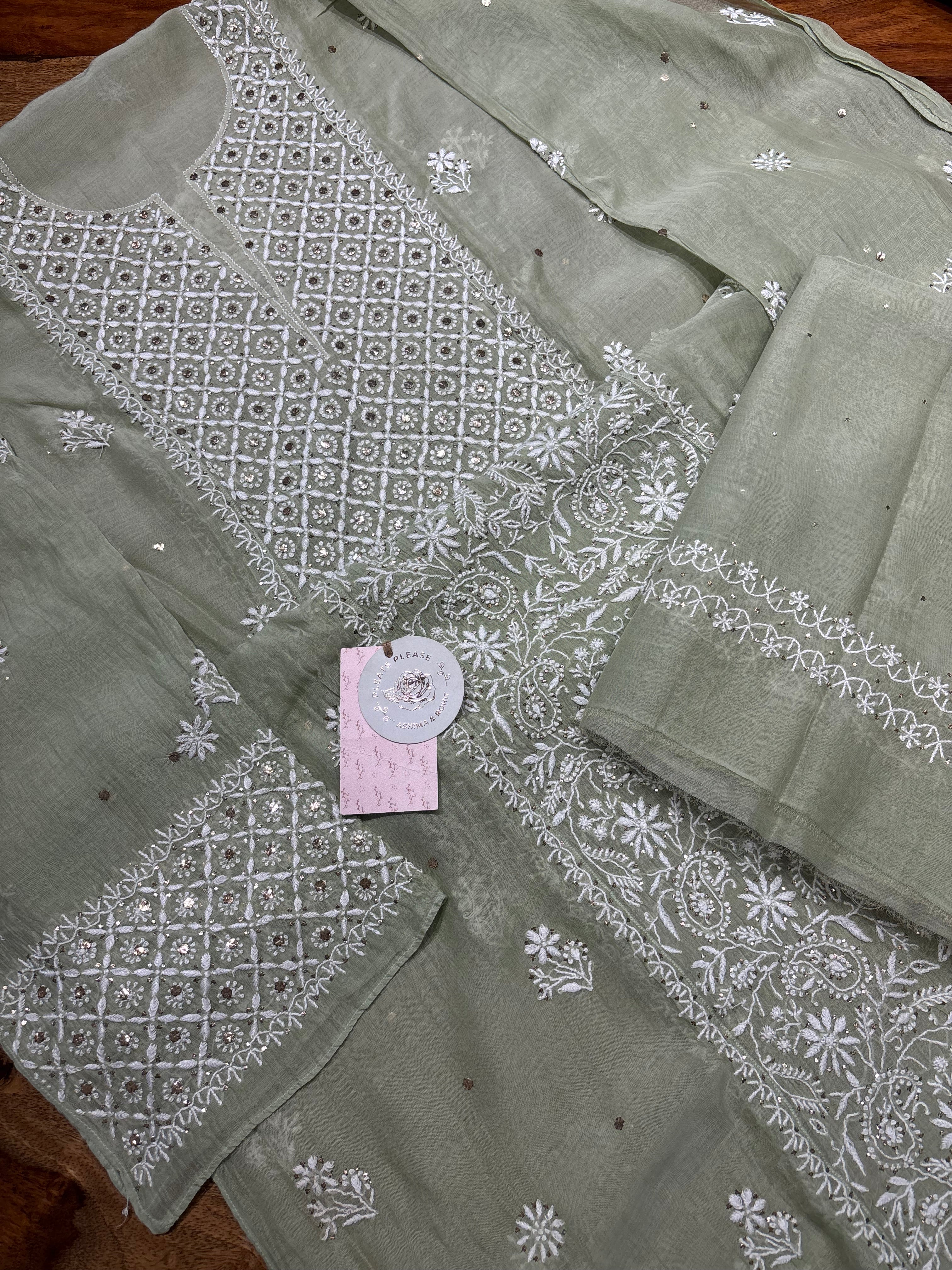 Sage Green Chanderi Mul Chikankari Kurta and Dupatta set