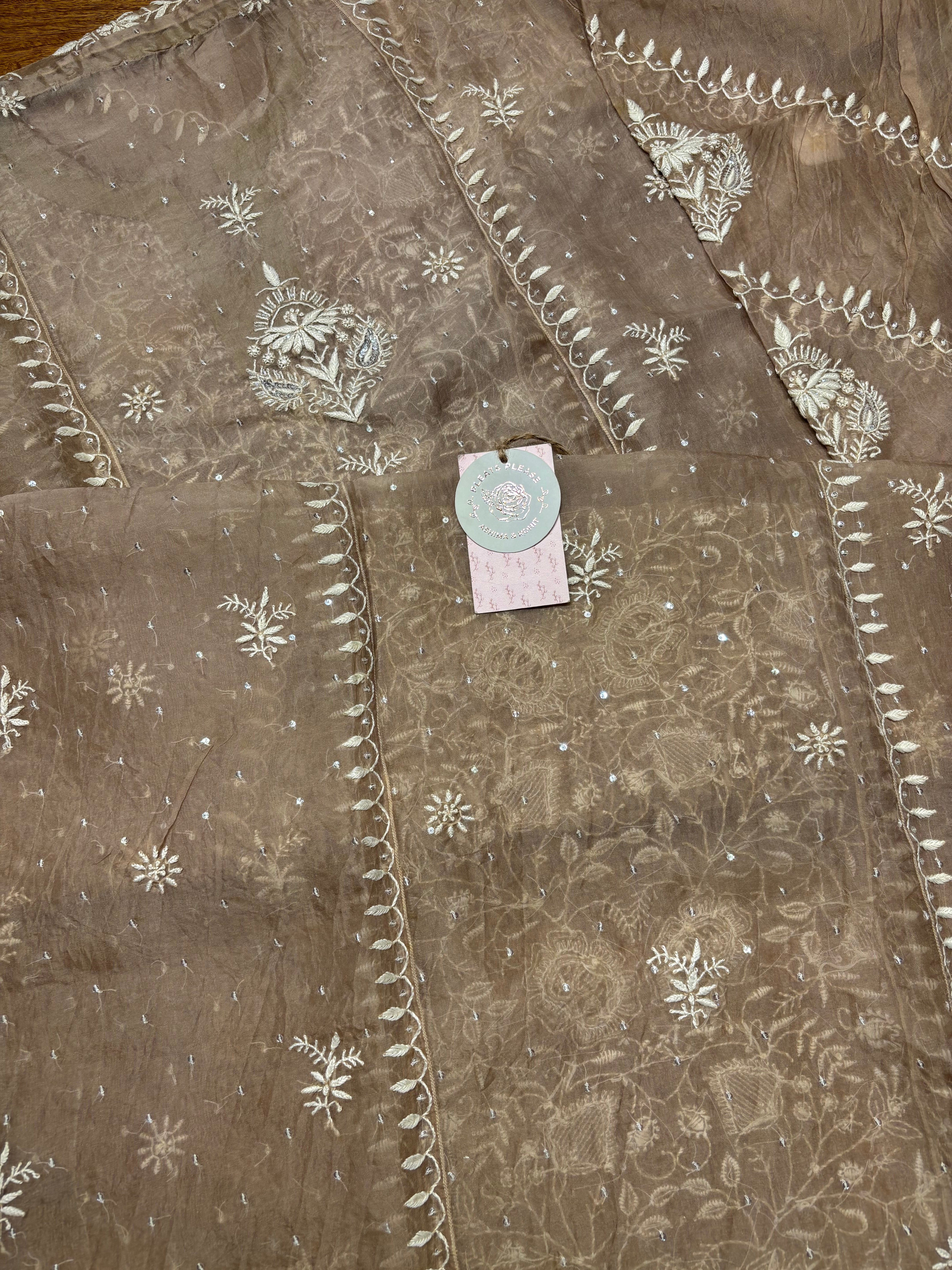Brown Pure And Premium Organza Silk Chikankari Kurta And Dupatta Set