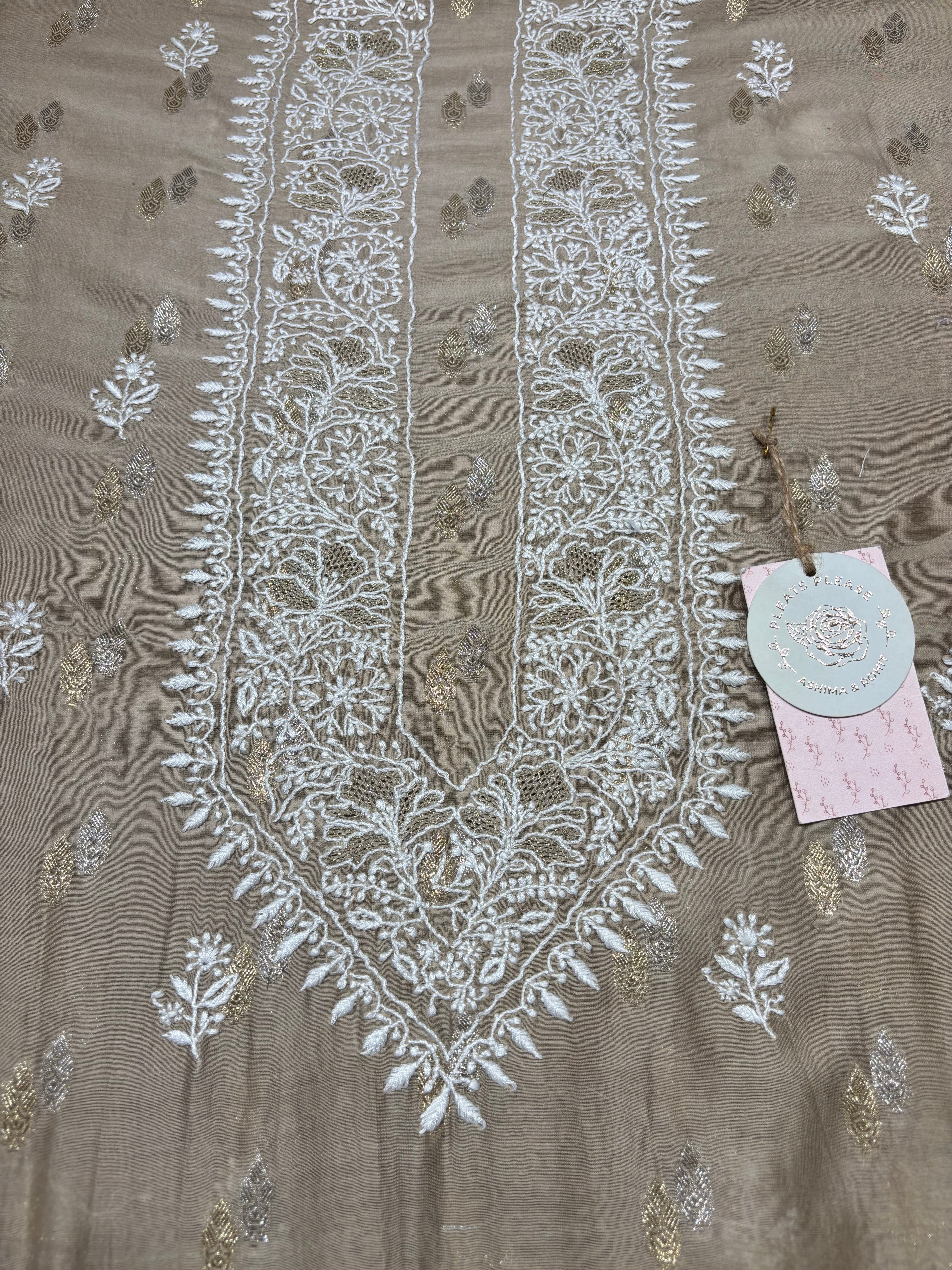 Brown Chanderi Silk Chikankari Men's Kurta Fabric