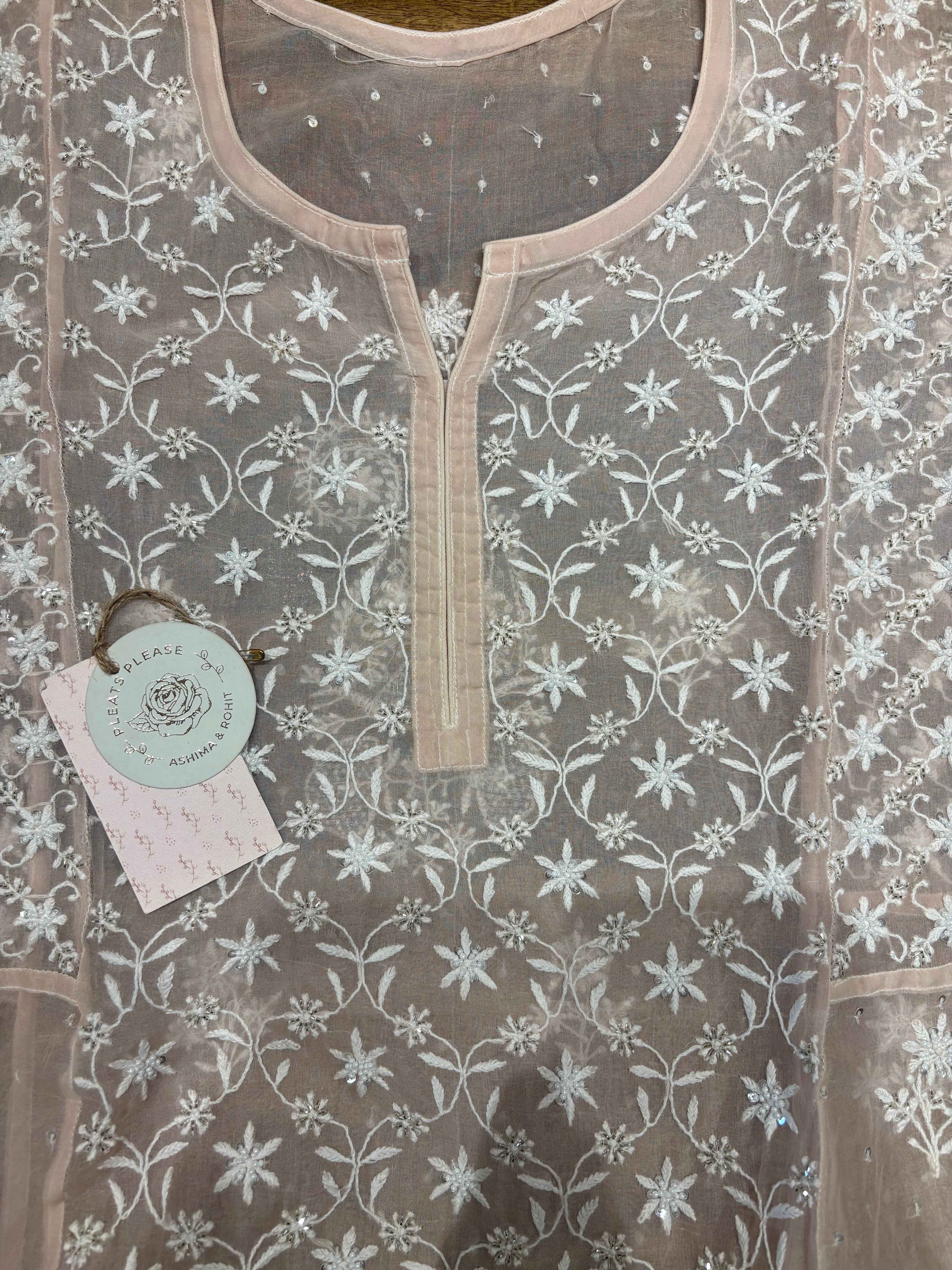 Peach Dust Pure And Premium Organza Anarkali And Dupatta Set - Pleats PleaseChikankari