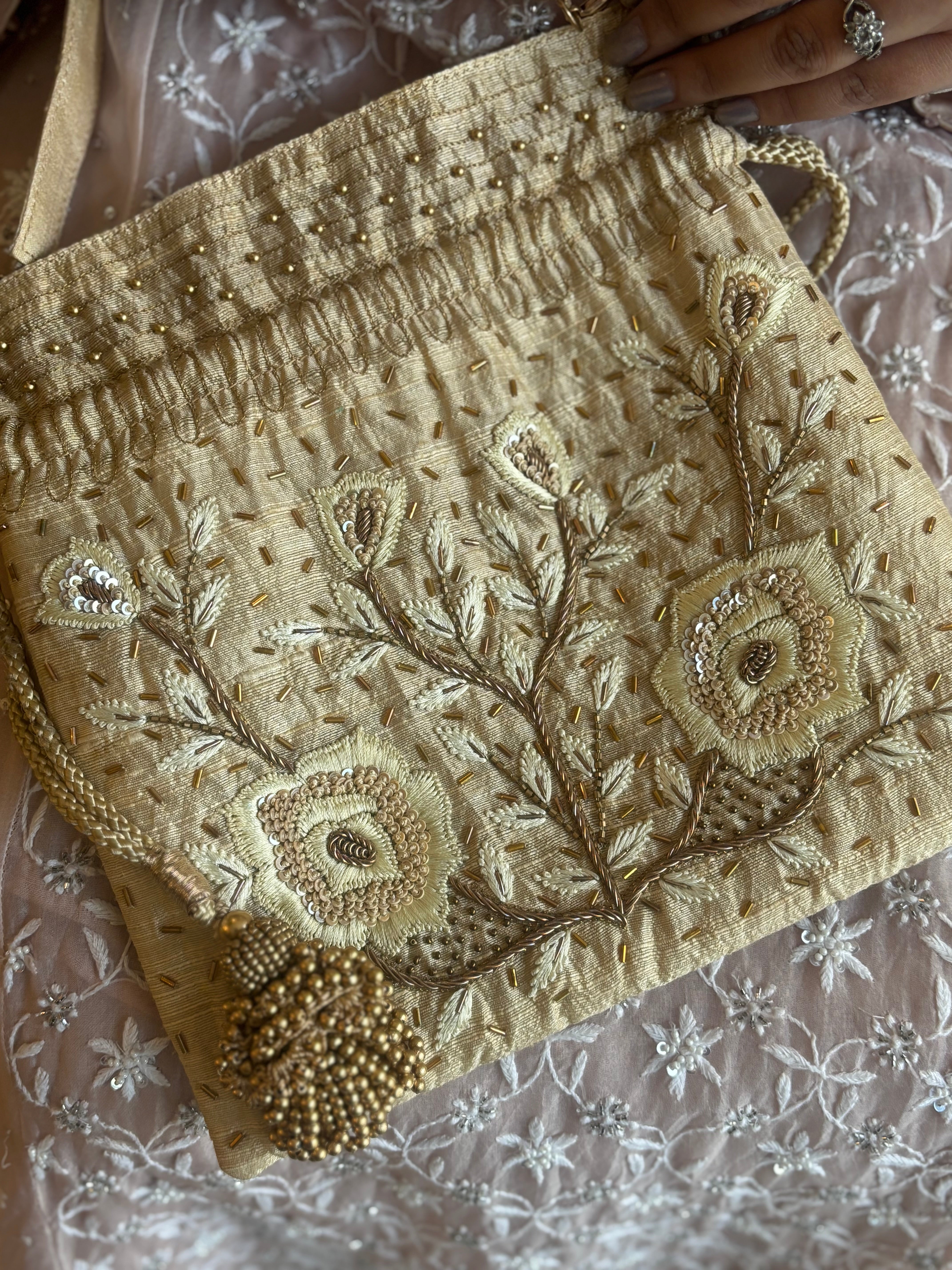 Golden Chikankari & Zardozi Potli