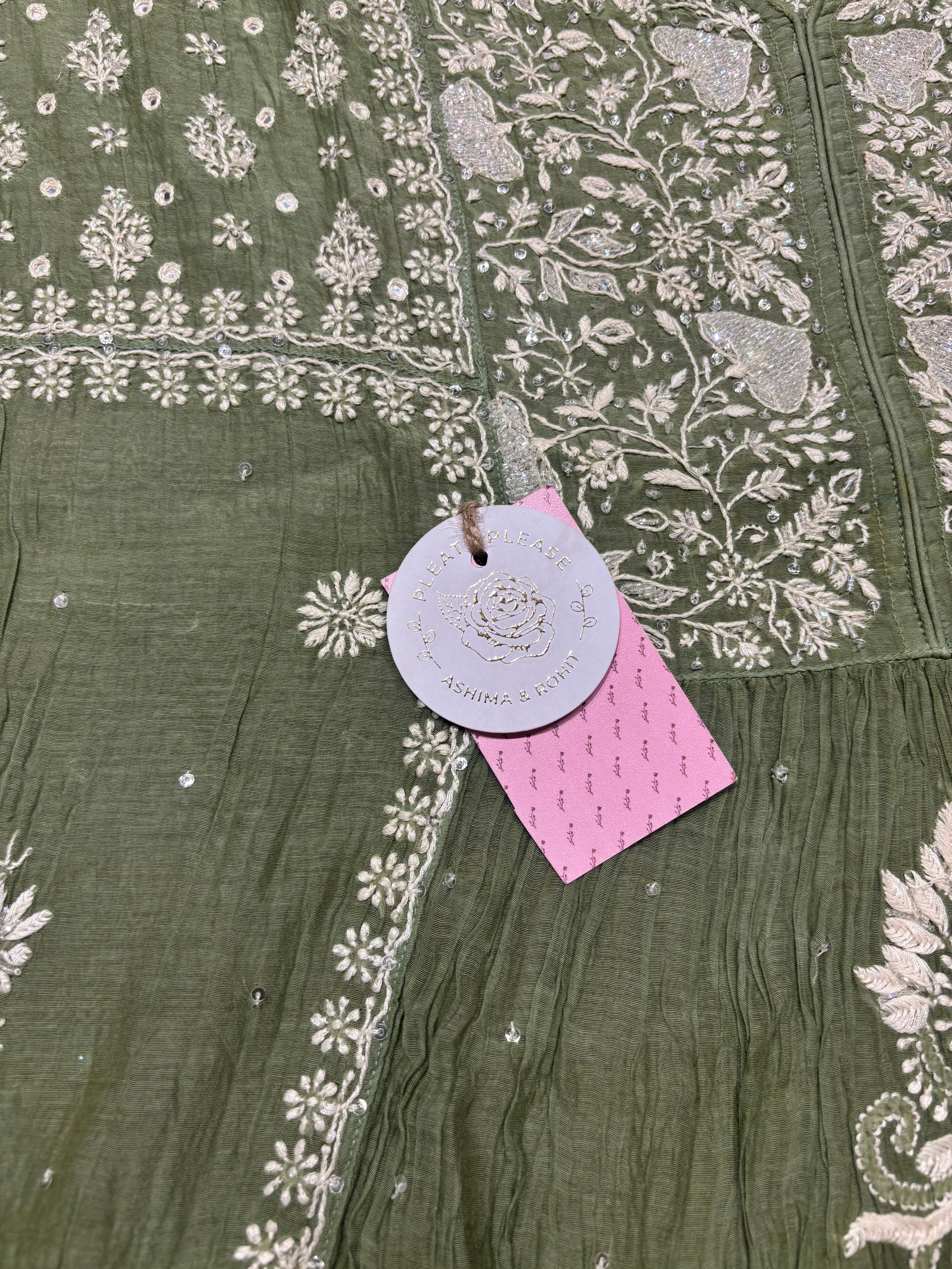 Sage Green Chanderi Mul Chikankari Kurta, Sharara & Dupatta Set