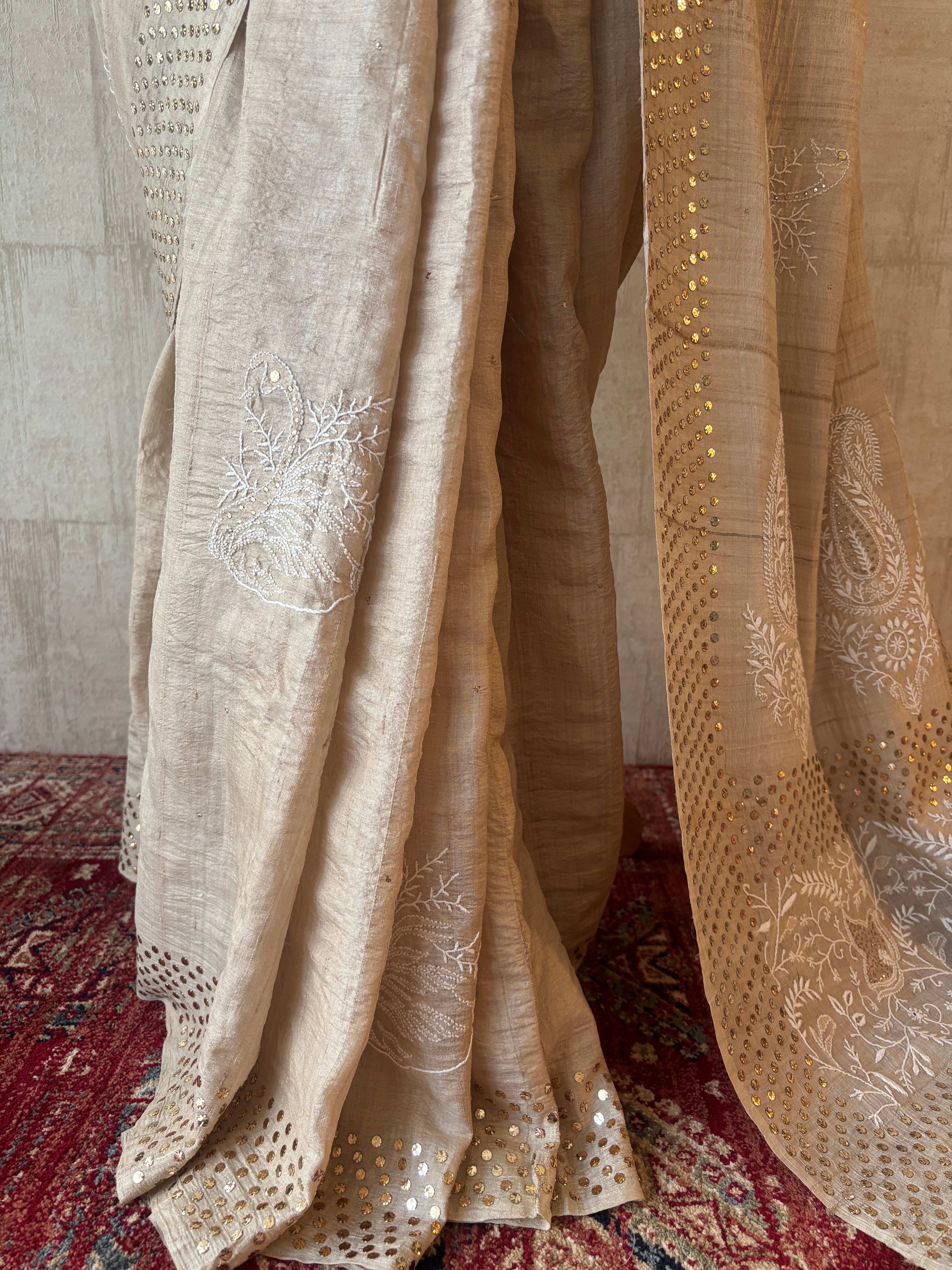 Dyeable Pure and Premium Tussar Silk Chikankari & Mukaish Saree and Blouse